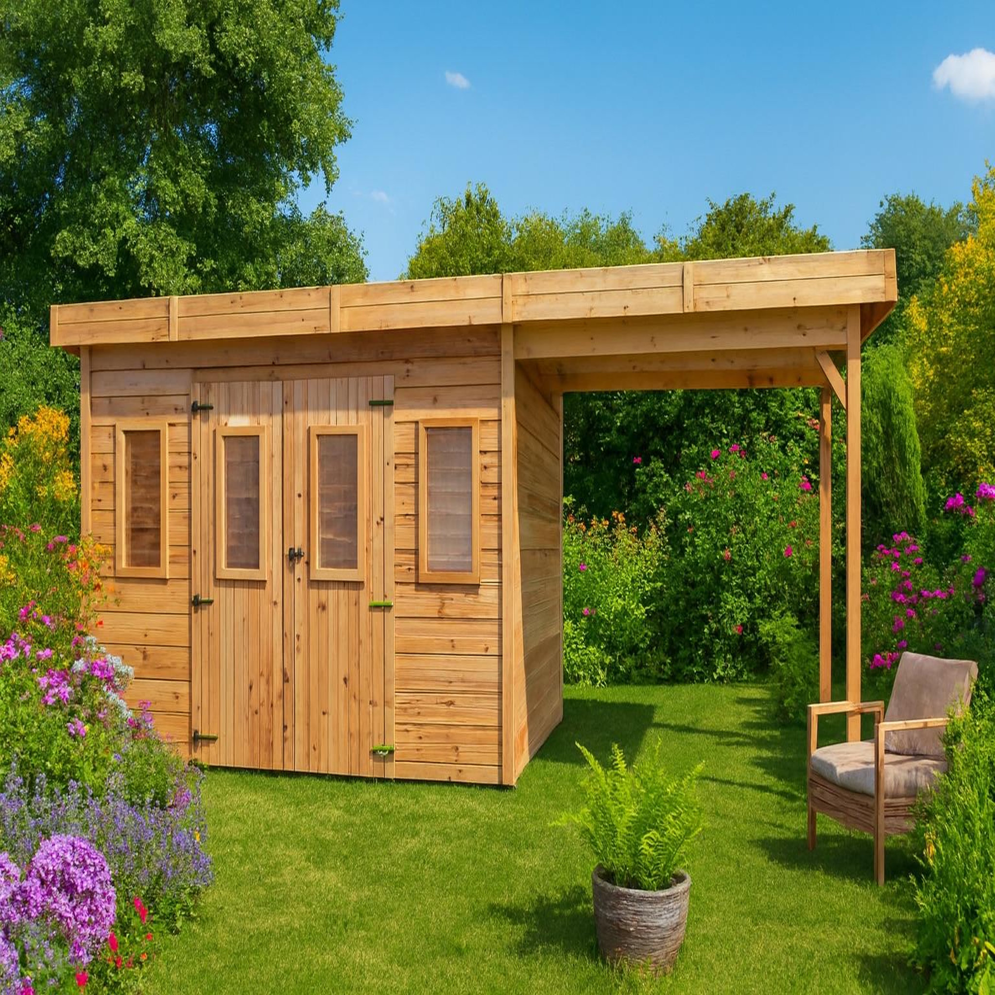 CENTRALE BRICO Abri de jardin bois massif avec bûcher 14,02 m² - madriers 28 mm - toit plat polycarbonate - double porte vitrée