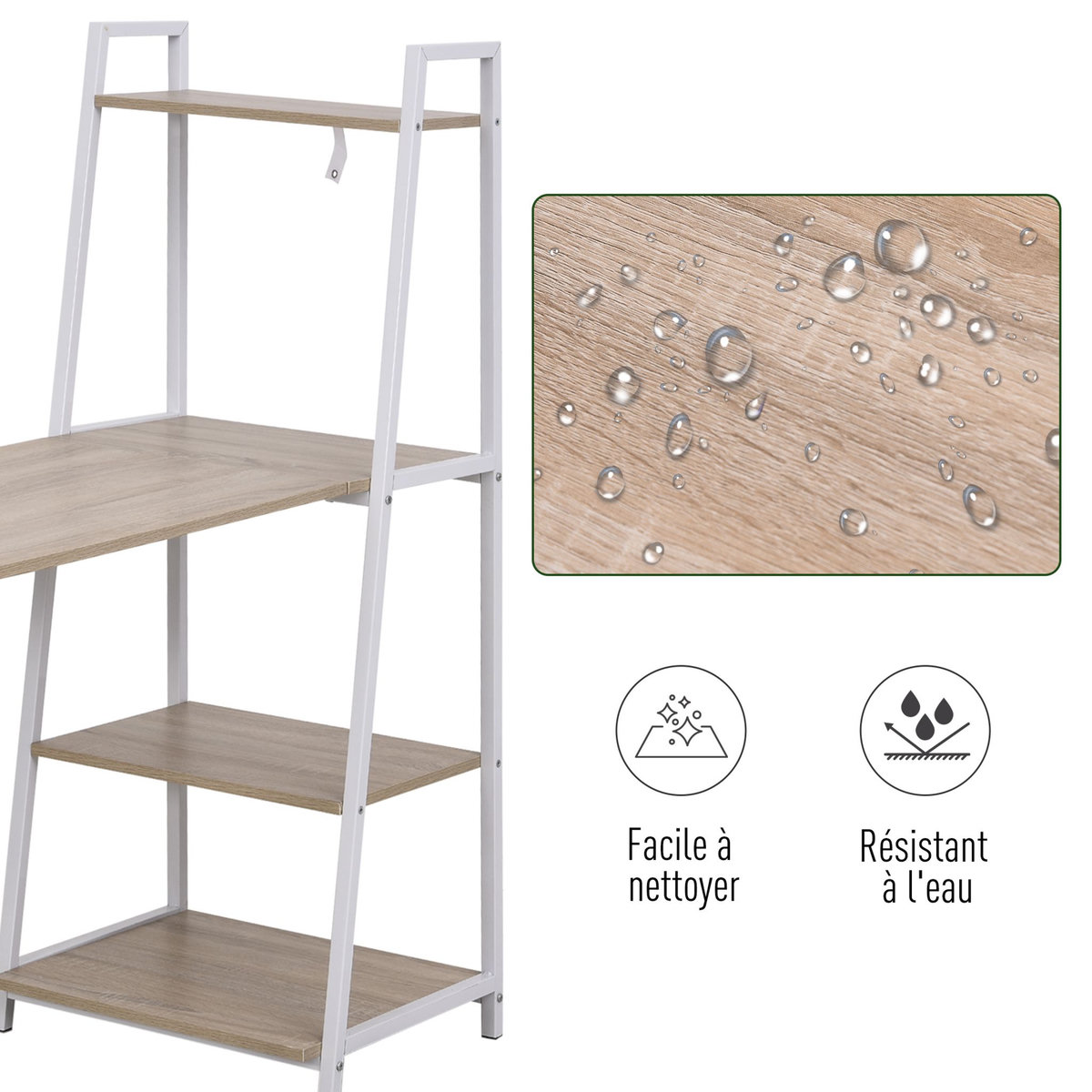 HOMCOM Bureau pliable rabattable - bureau bibliothèque 2 en 1 - 4 étagères - imitation bois chêne clair métal blanc