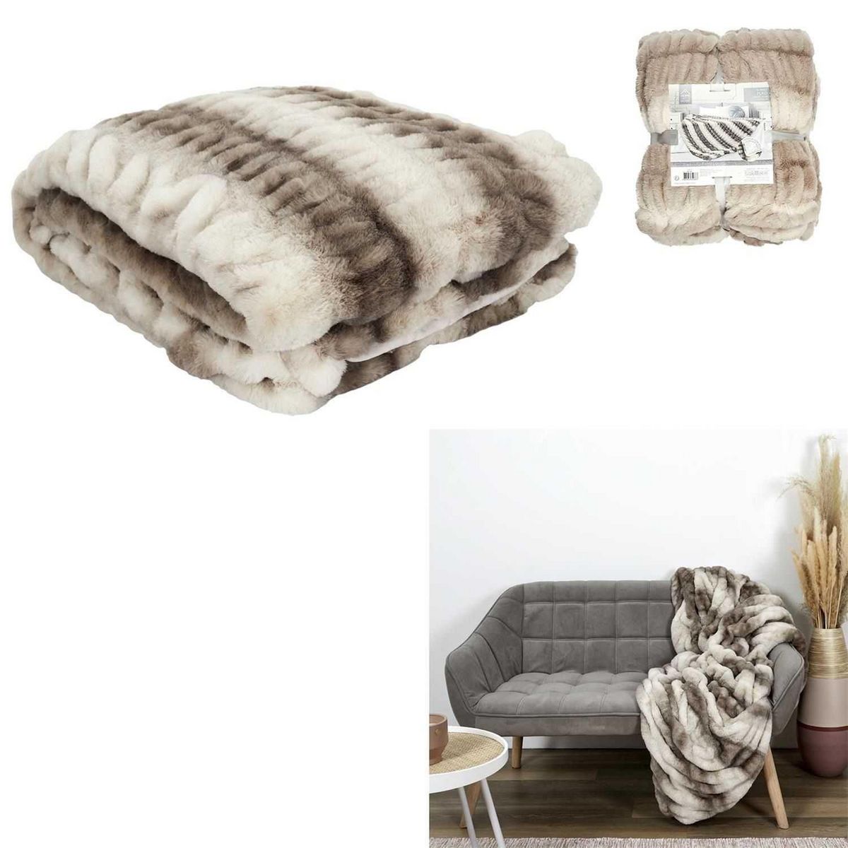 TOILINUX Plaid imitation fourrure - 200x140cm - Marron et Beige