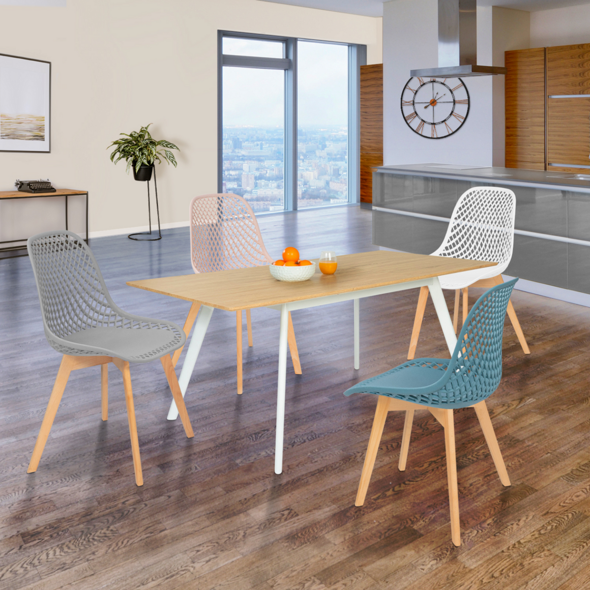 ID MARKET Lot de 4 chaises MANDY mix color pastel rose, blanc, gris clair et bleu