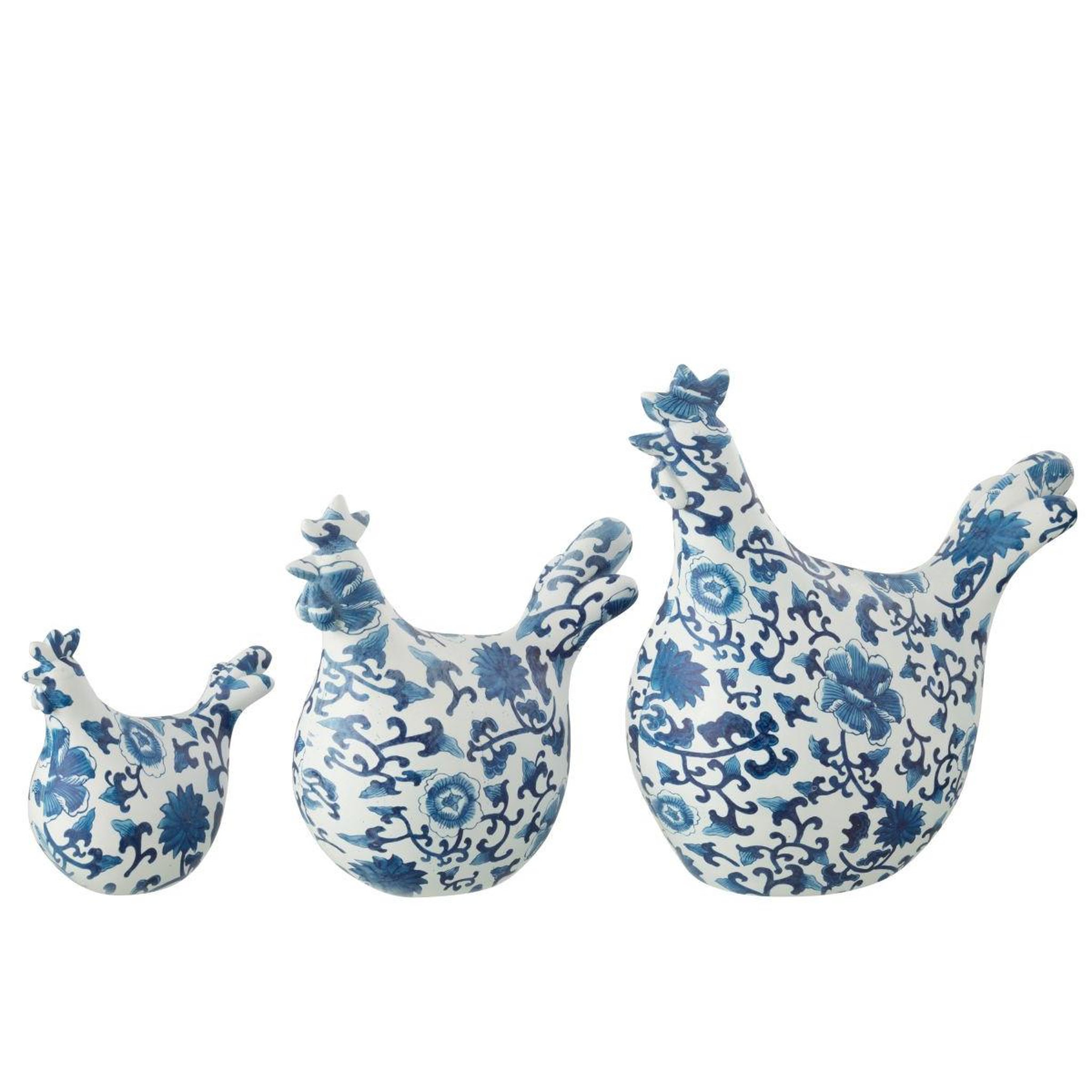 Voir la diapositive 2 : J-LINE Lot de 3 statuettes coq imprimé  alfredo  21cm bleu & blanc