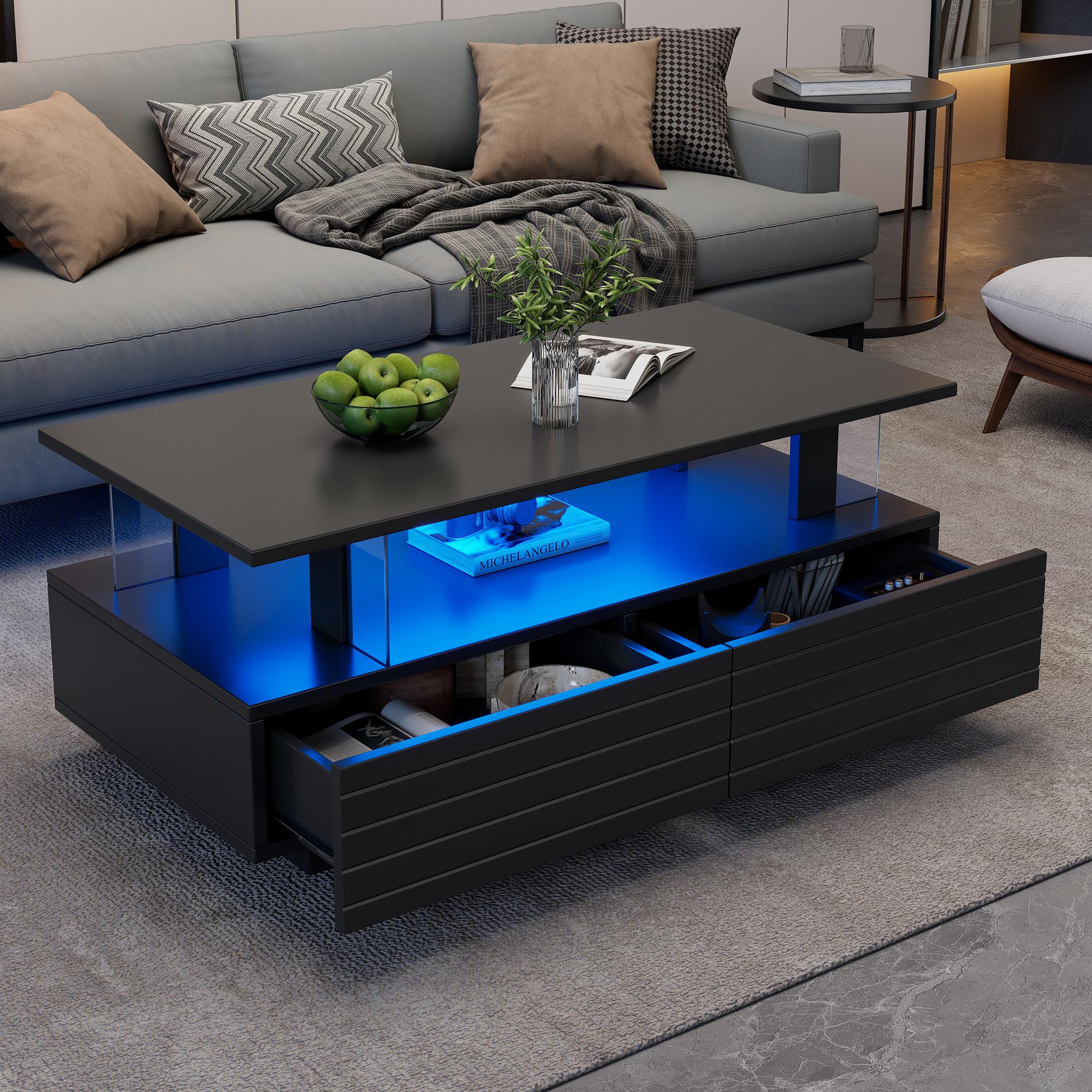 Voir la diapositive 2 : MERAX Table basse rectangulaire noir - 50x100 cm led acrylique