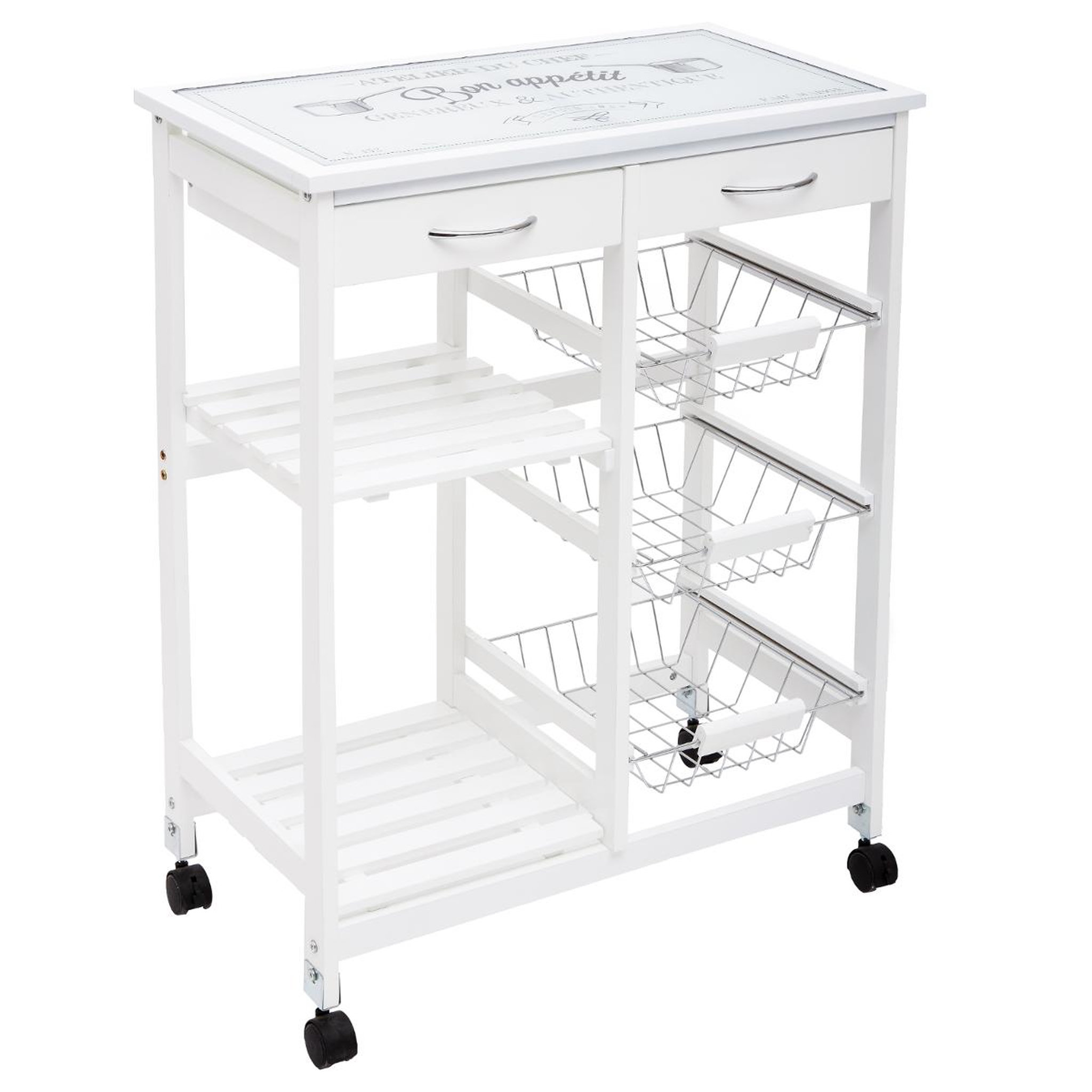 Voir la diapositive 1 : Desserte de cuisine sur roulettes en bois blanc et plateau en verre - 67 cm x 35 cm x H 81 cm