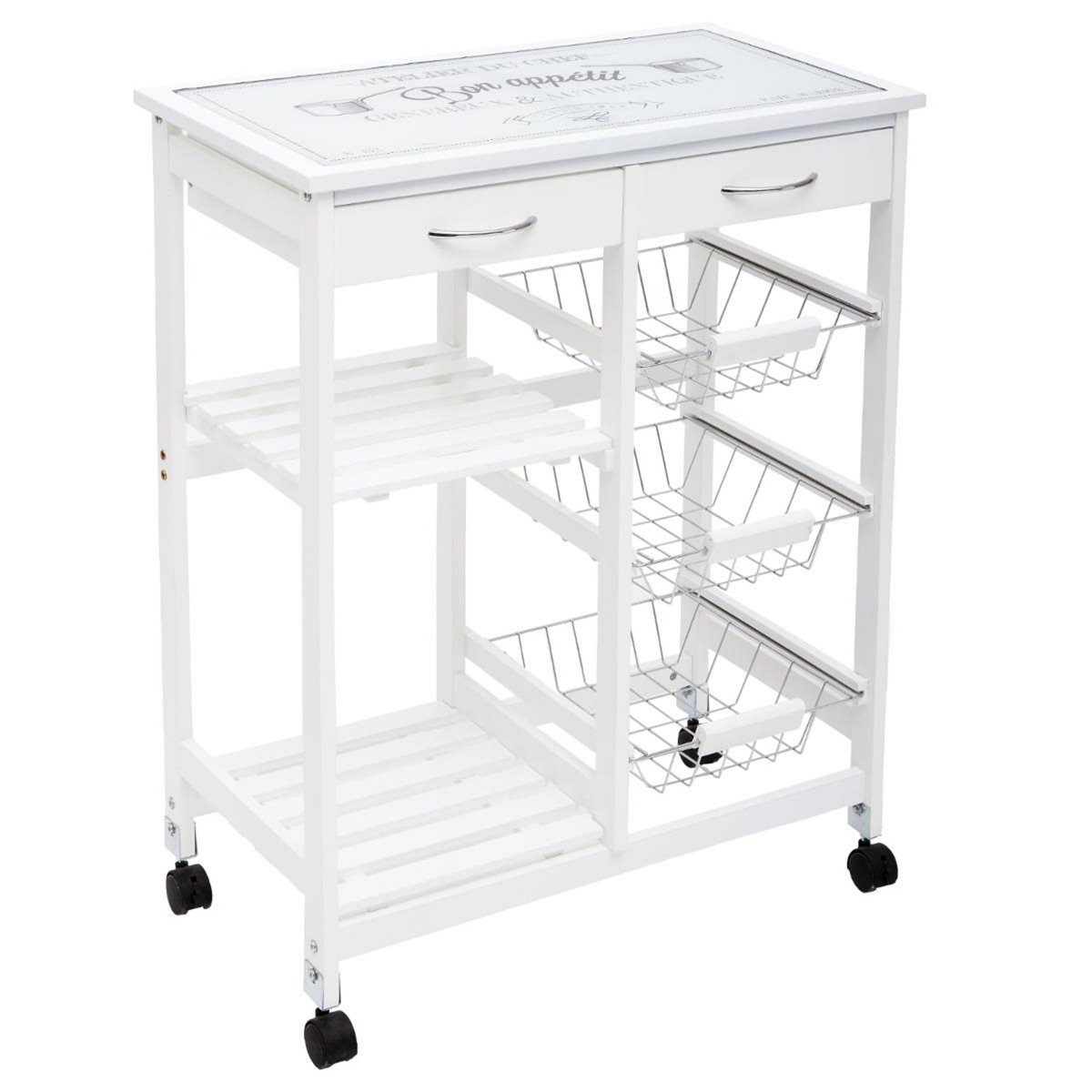 Desserte de cuisine sur roulettes en bois blanc et plateau en verre - 67 cm x 35 cm x H 81 cm