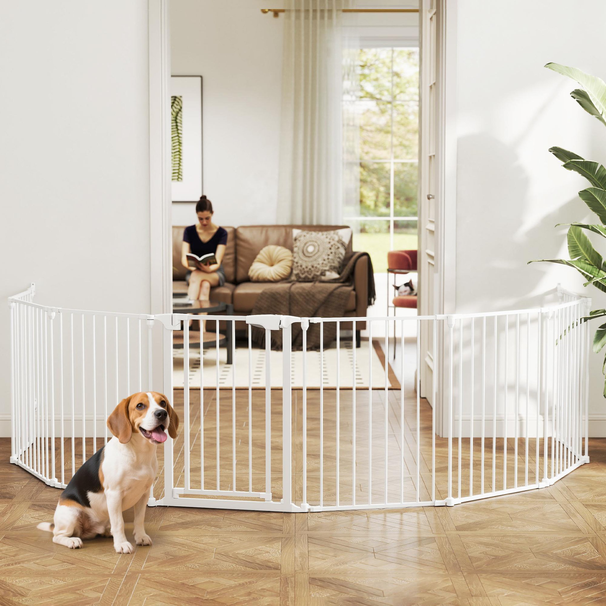 Voir la diapositive 2 : PAWHUT Barrière de sécurité pliable modulable max. L.488cm parc enclos 8 panneaux - porte double verrouillage - acier blanc