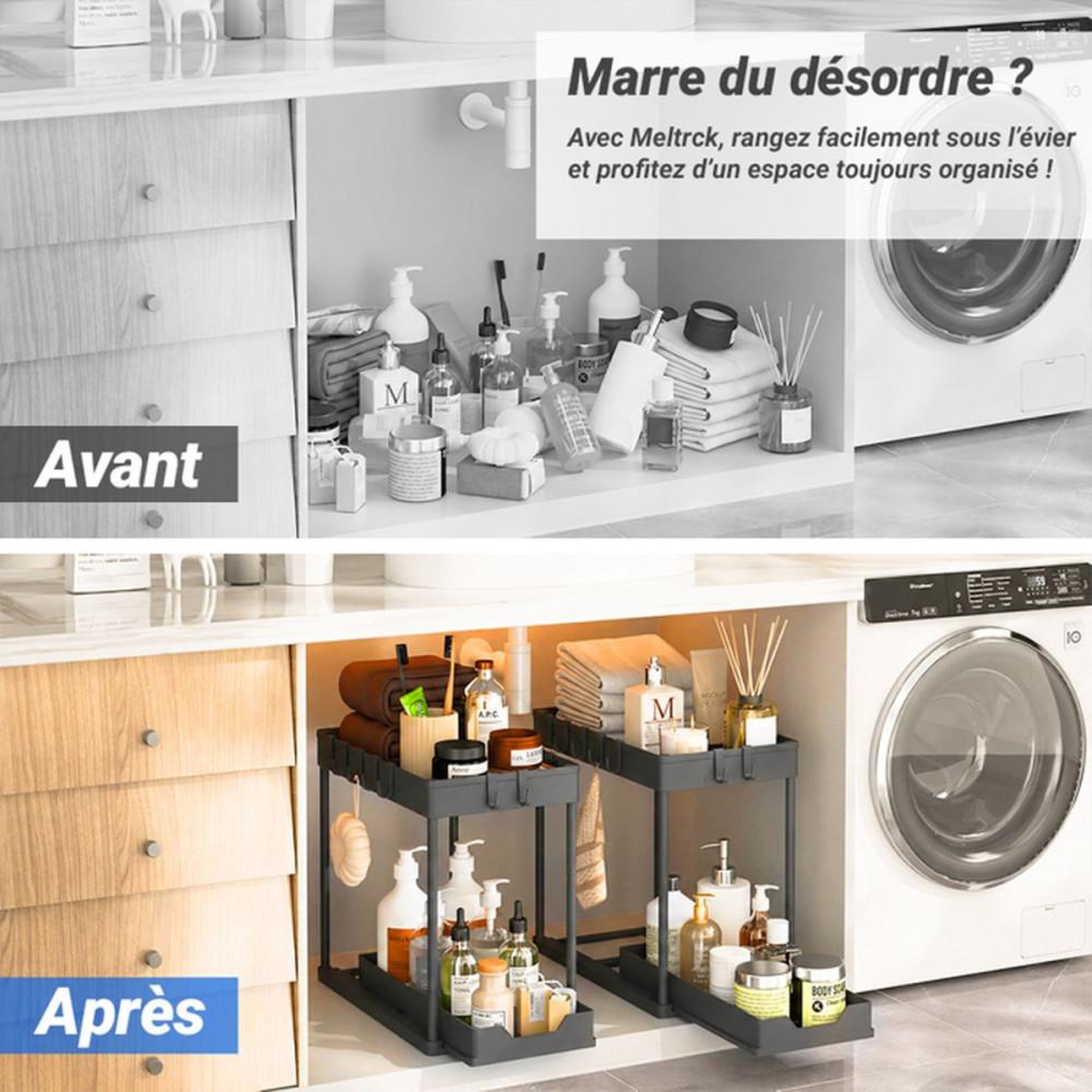 Voir la diapositive 2 : Organisateur sous évier à 2 niveaux avec panier coulissant et 8 crochets, rack ABS noir et fer forgé