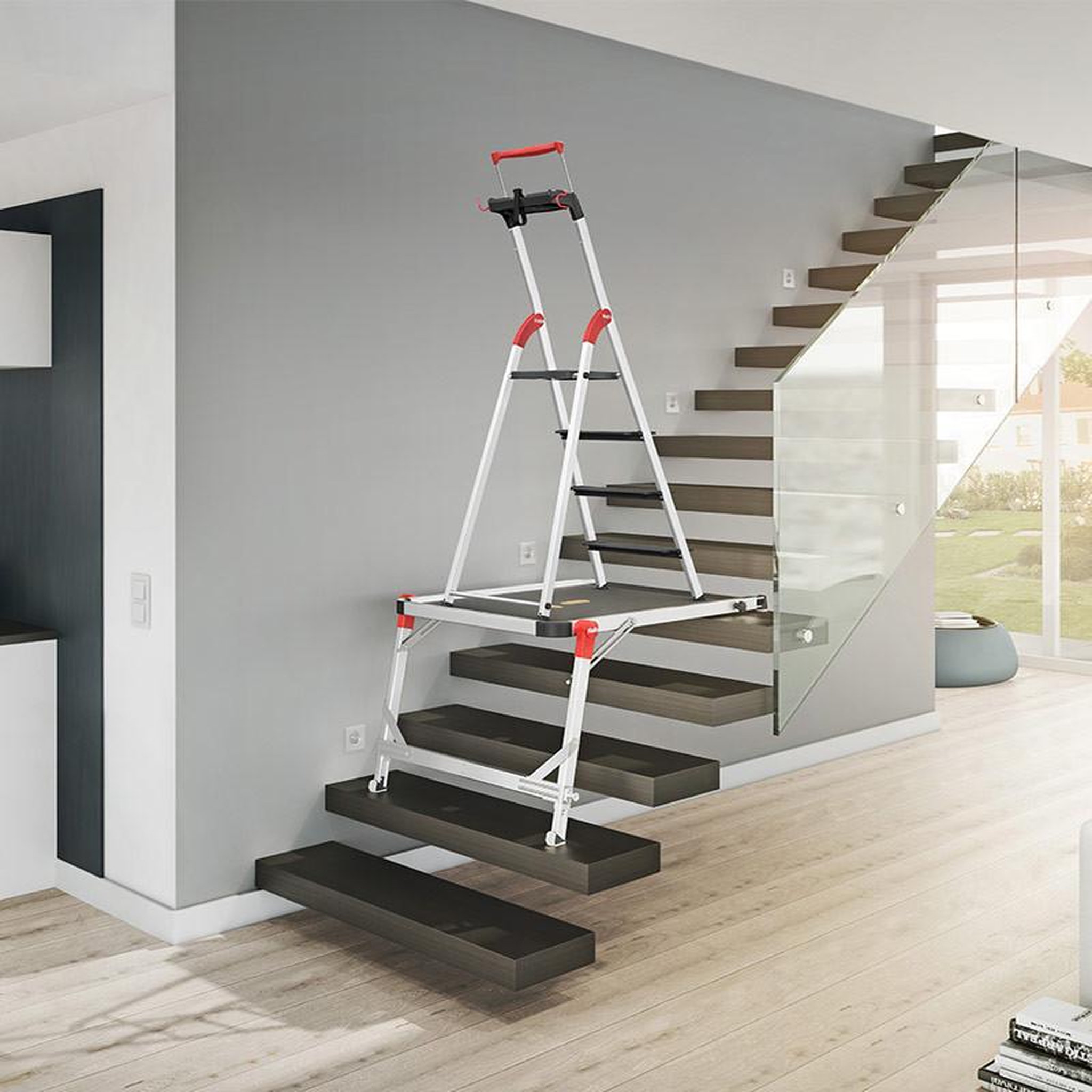 Voir la diapositive 2 : HAILO Escabeau en aluminium 4 marches Larges Hailo L100 + Plateforme TP1