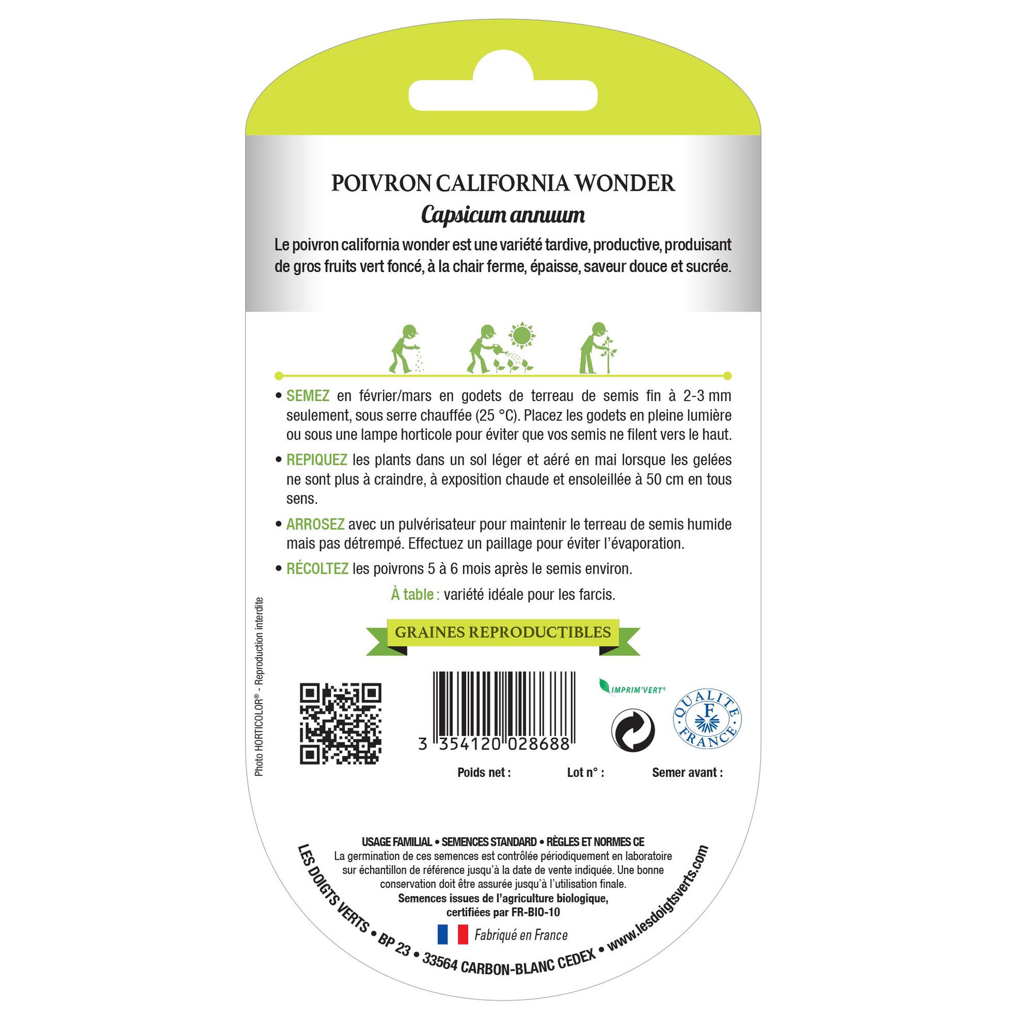 Voir la diapositive 2 : LES DOIGTS VERTS Graines poivron California wonder BIO Les Doigts Verts