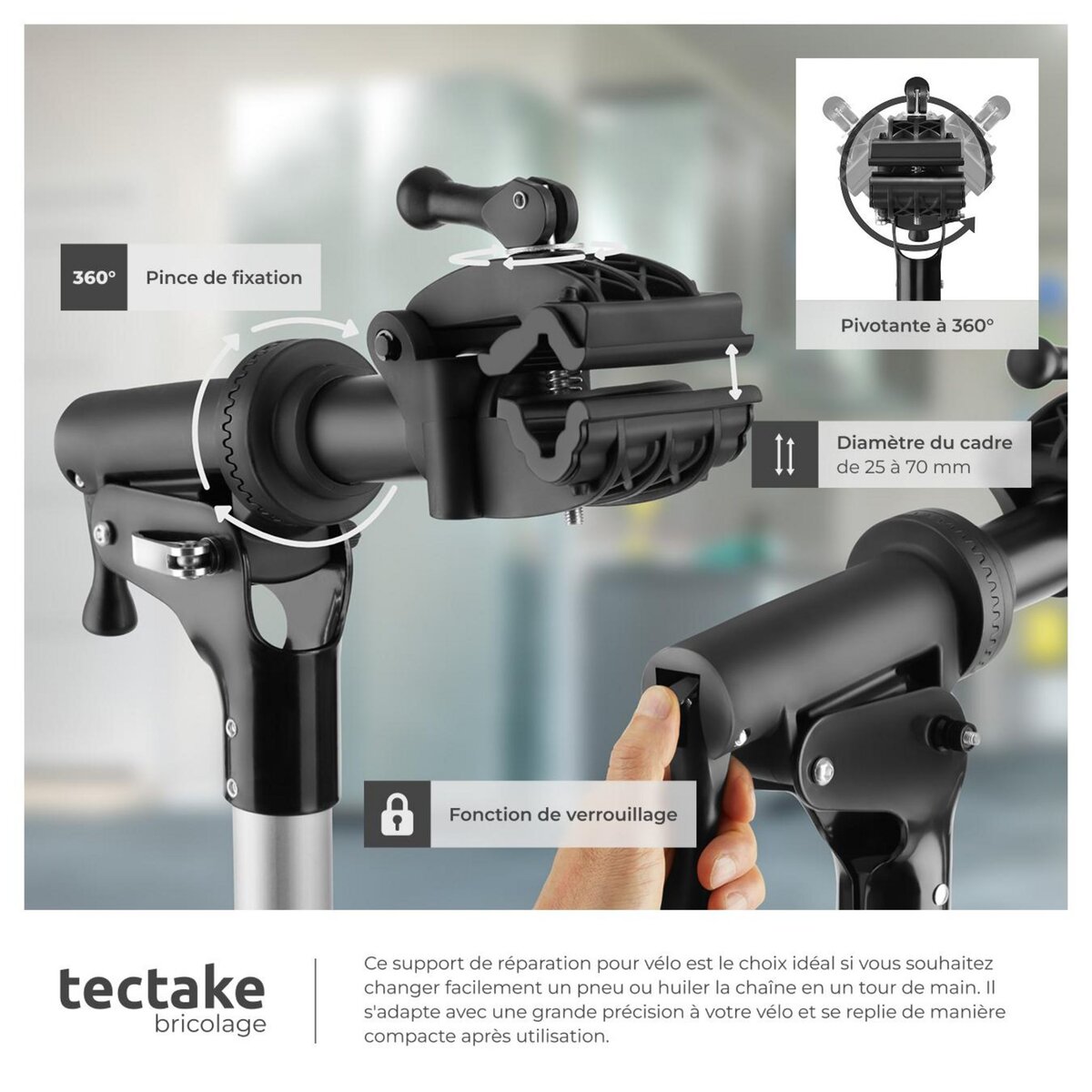tectake Support de réparation pour vélo poids supporté 50 kg pliable avec fermetures rapides gris/noir