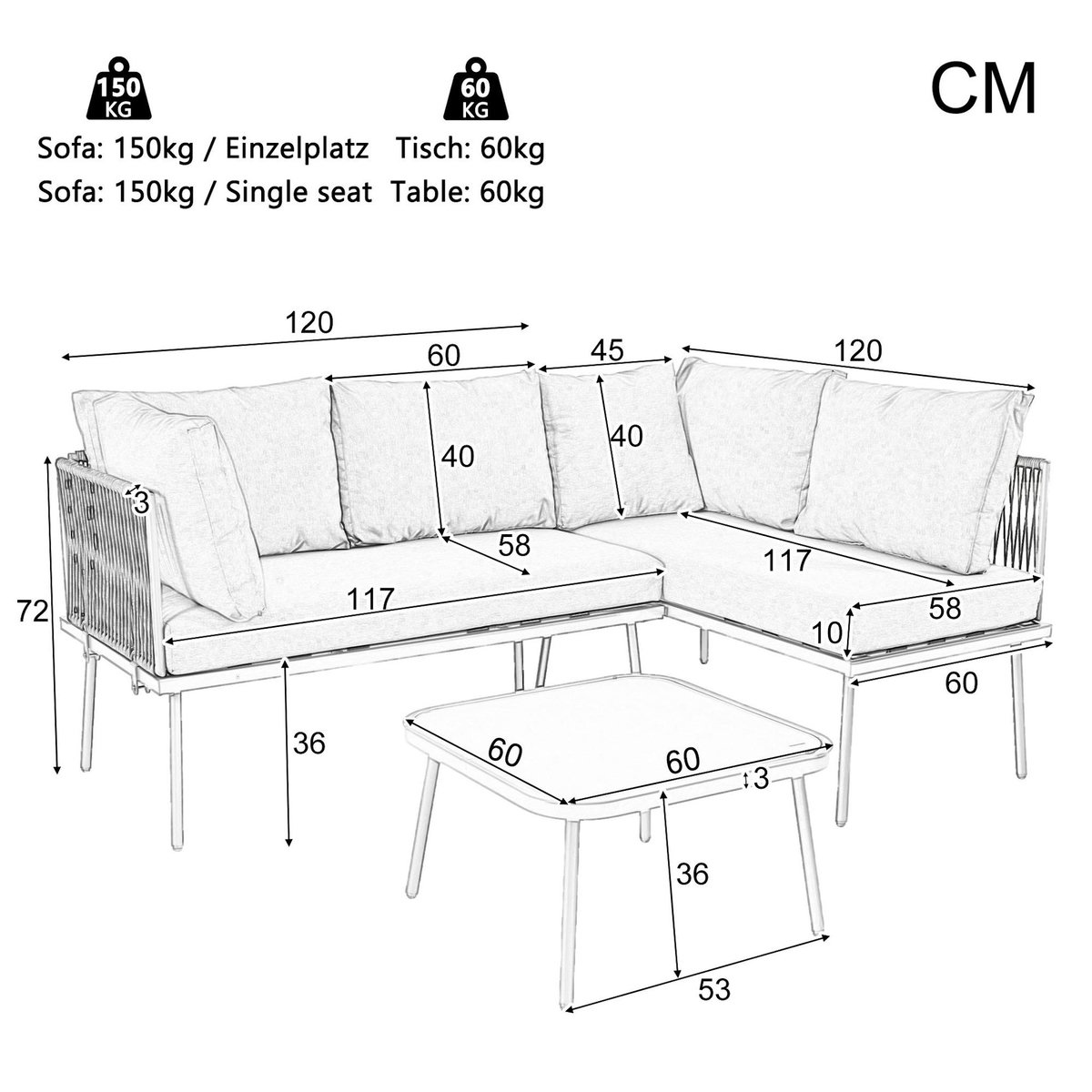 MERAX Salon de jardin 4 places en métal avec 2 canapés et 1 table, coussins et pieds réglables