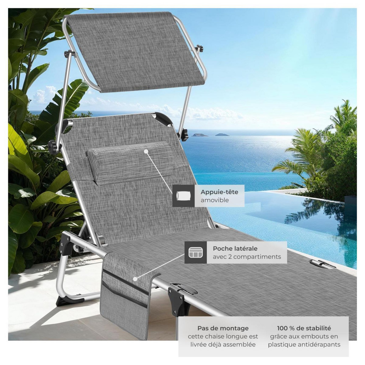 tectake Bain de soleil pliable avec oreiller gris tacheté