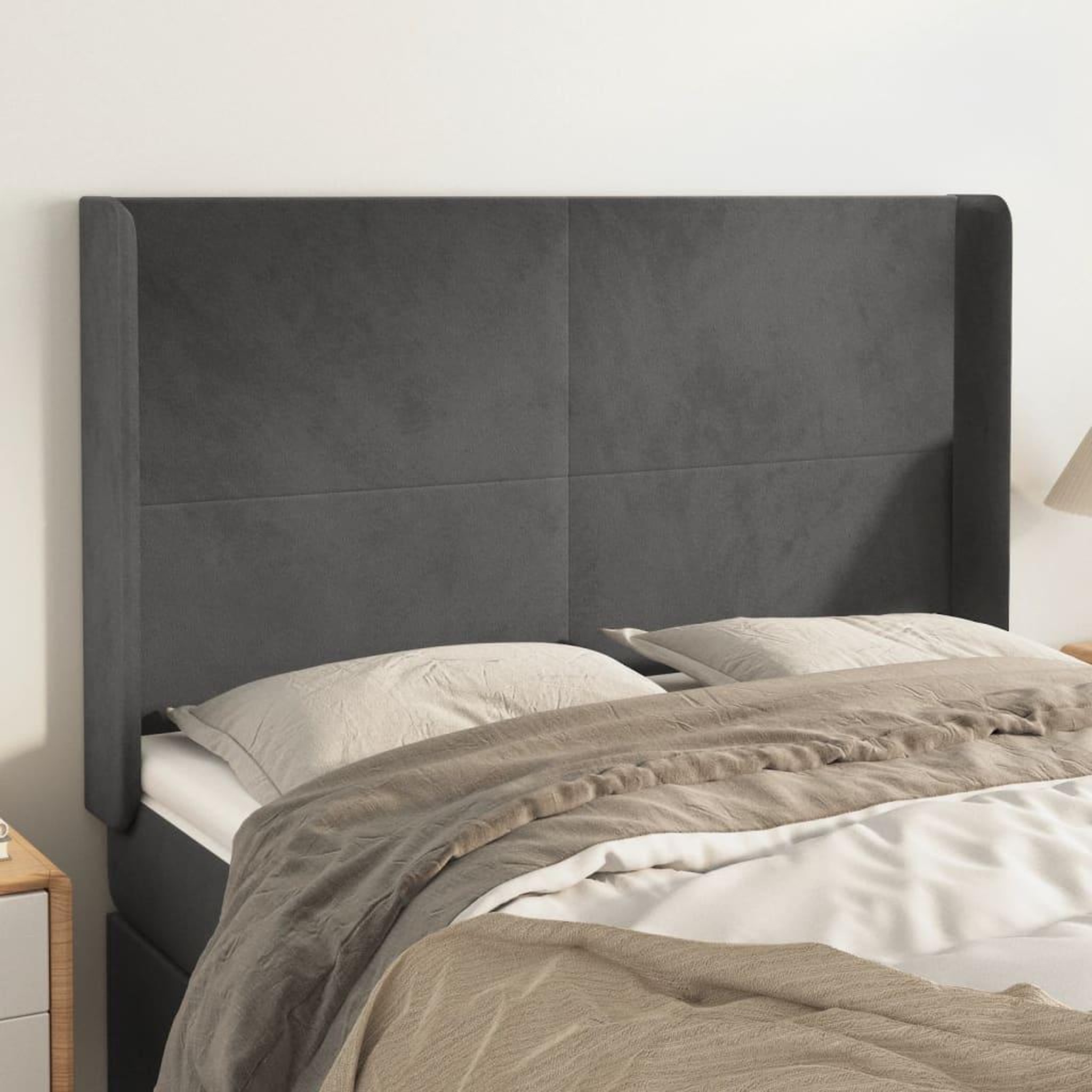 Voir la diapositive 1 : VIDAXL Tete de lit avec oreilles Gris fonce 147x16x118/128 cm Velours