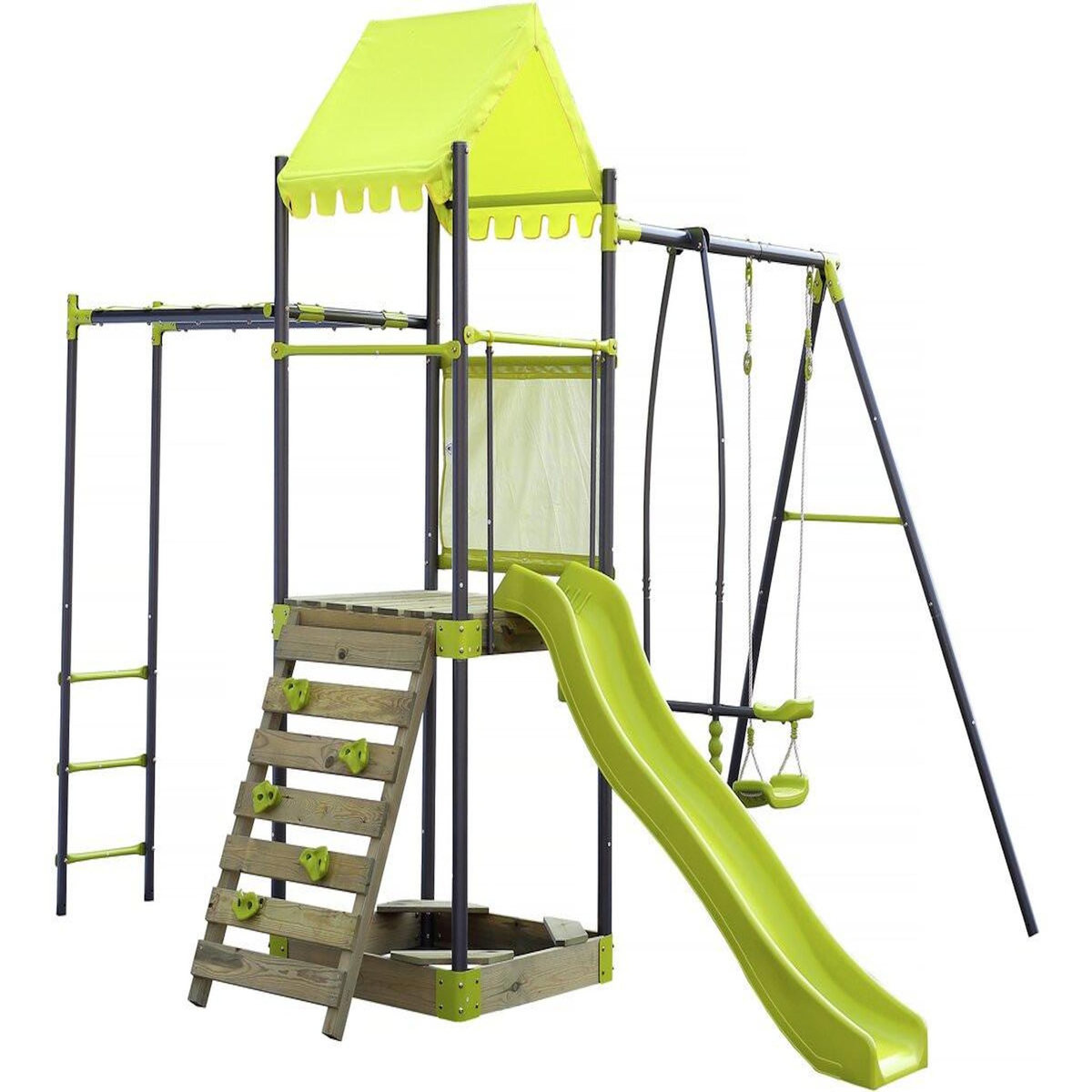 Habitat et Jardin Aire de jeu portique en métal avec toboggan et bac a sable  Lucien  - Vert