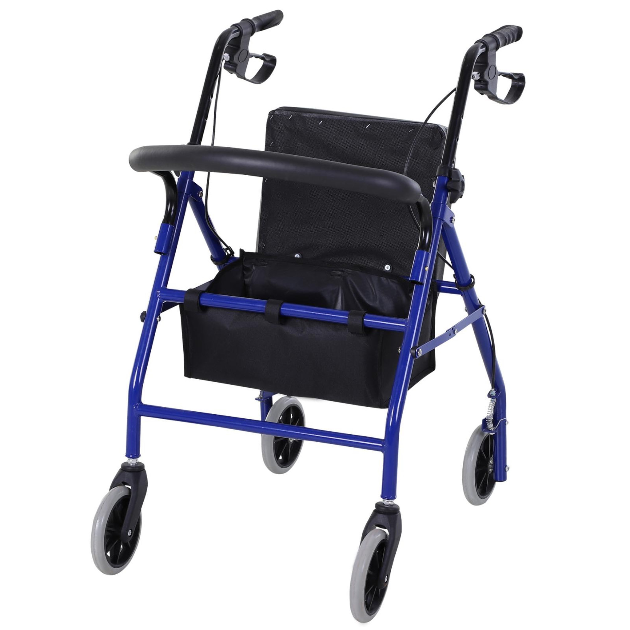 Voir la diapositive 5 : HOMCOM Déambulateur 4 roues - déambulateur pliable léger - assise + dossier rembourré  - poignées ergonomiques, freins à main - panier rangement - métal bleu