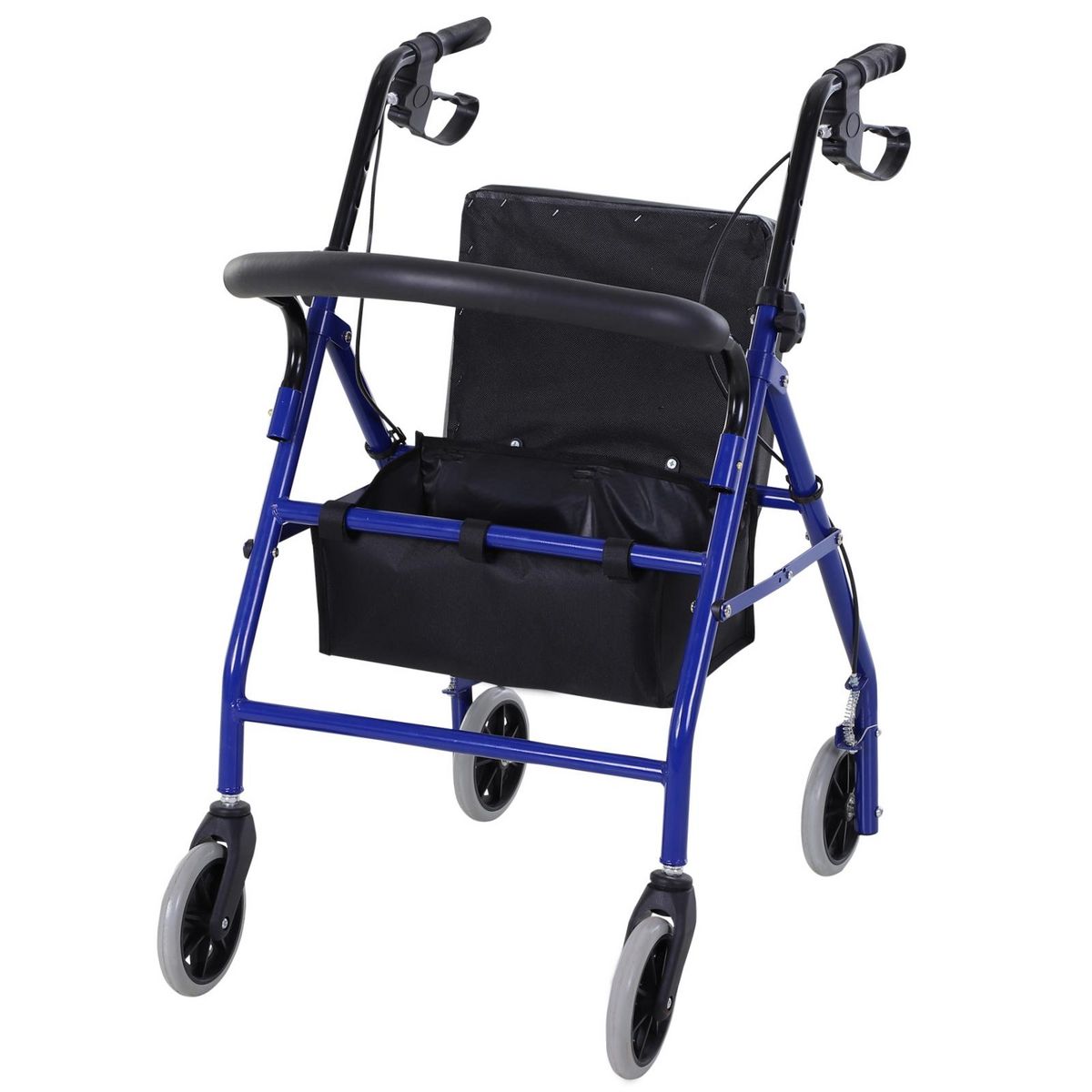 HOMCOM Déambulateur 4 roues - déambulateur pliable léger - assise + dossier rembourré  - poignées ergonomiques, freins à main - panier rangement - métal bleu