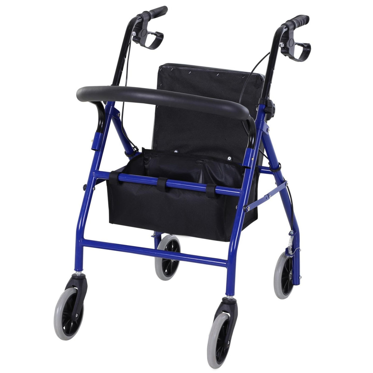 HOMCOM Déambulateur 4 roues - déambulateur pliable léger - assise + dossier rembourré  - poignées ergonomiques, freins à main - panier rangement - métal bleu