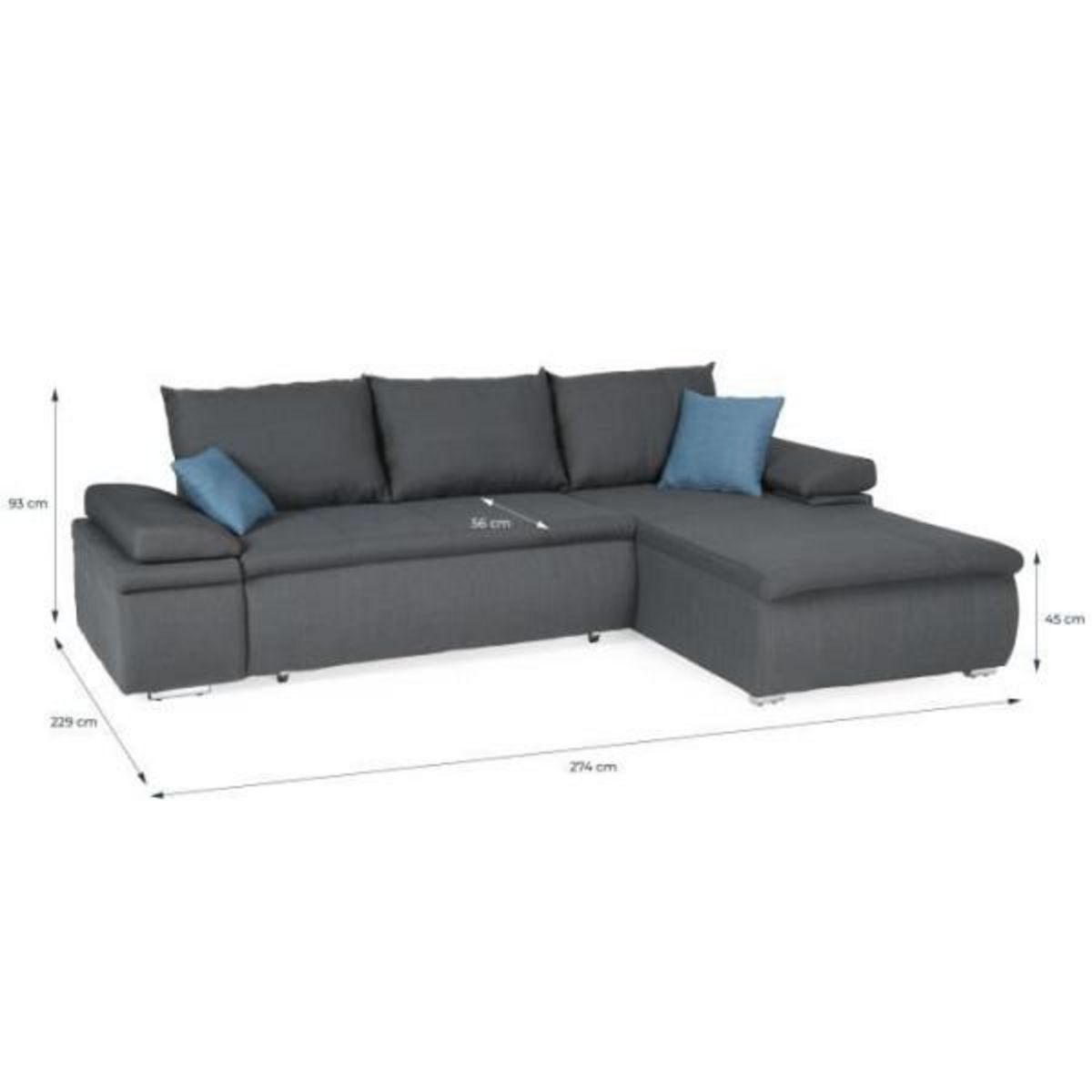 MARKET24 CELINA Canapé d'angle réversible convertible 3 places + Coffre de rangement - Tissu gris - L 274 x P 184 cm