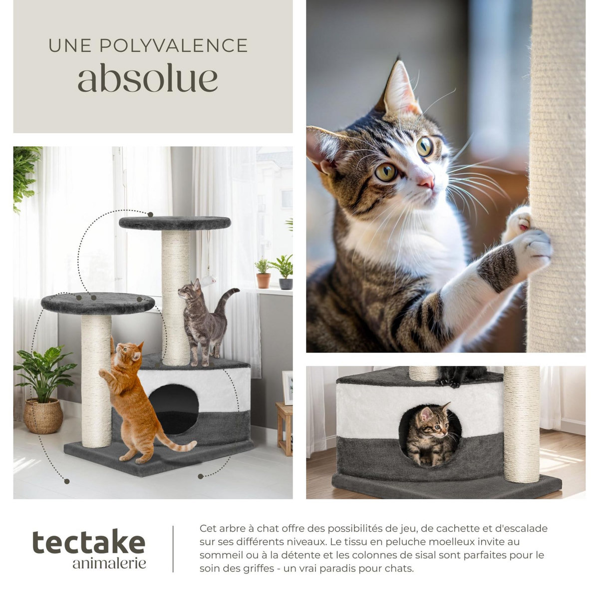 tectake Arbre à chat 71 cm avec griffoir et plateforme d'escalade gris/blanc