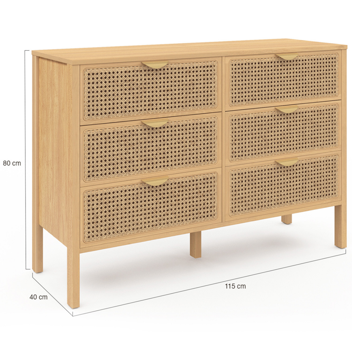 ID MARKET Commode 6 tiroirs EDHEN 115 cm bois et cannage
