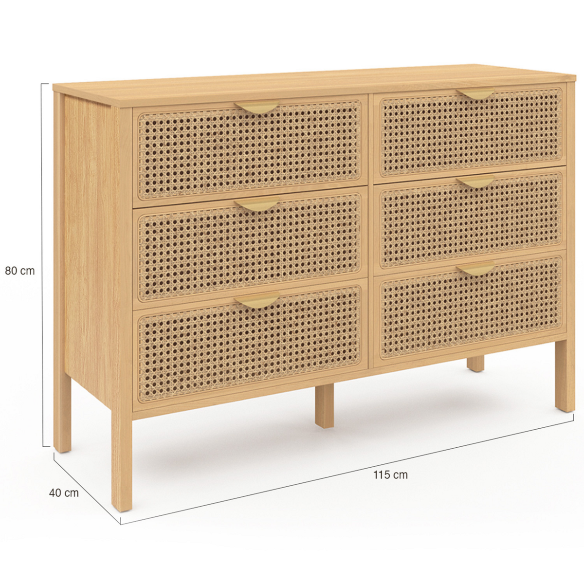 ID MARKET Commode 6 tiroirs EDHEN 115 cm bois et cannage