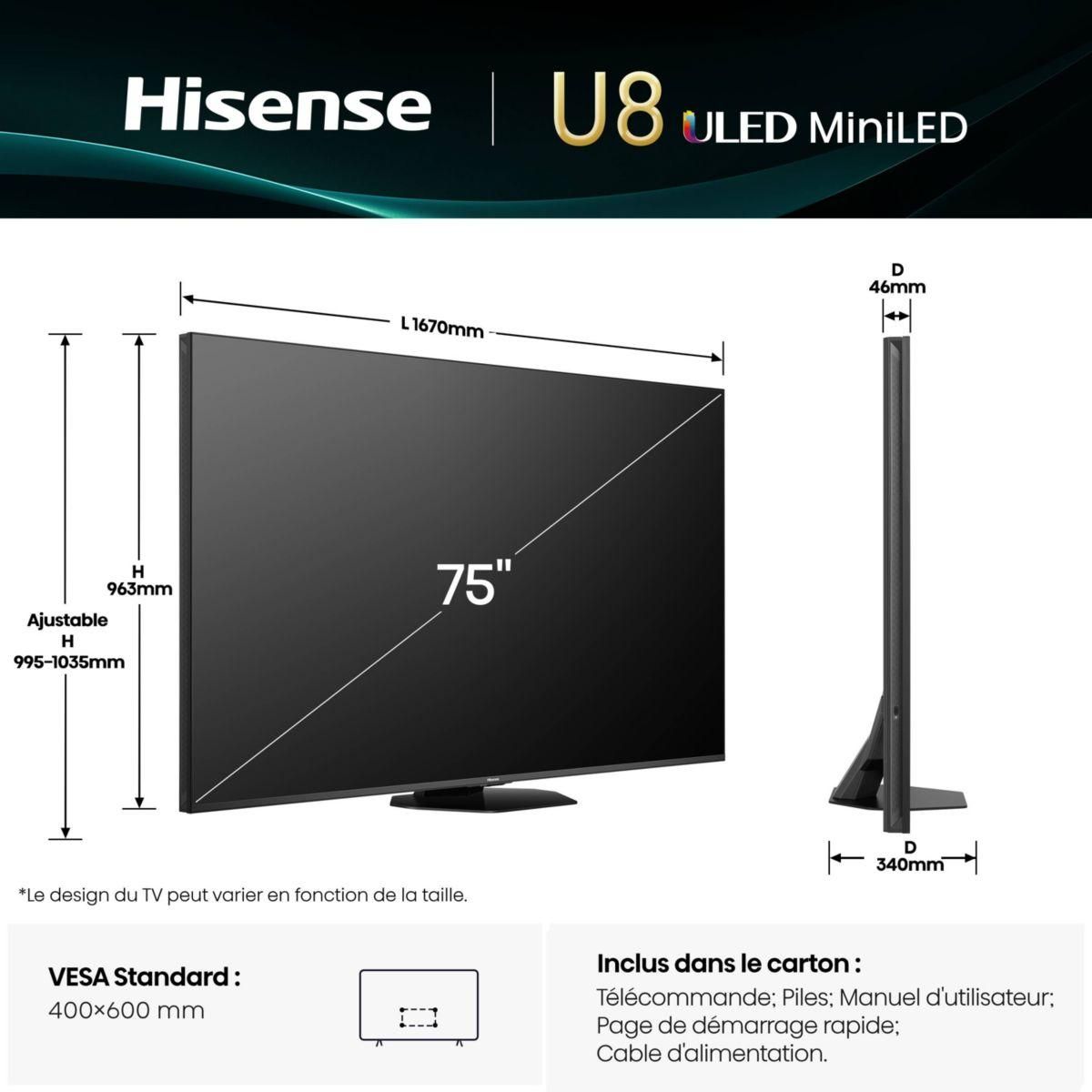 Hisense TV Mini Led 75U8Q 2025-75 pouces (189cm)