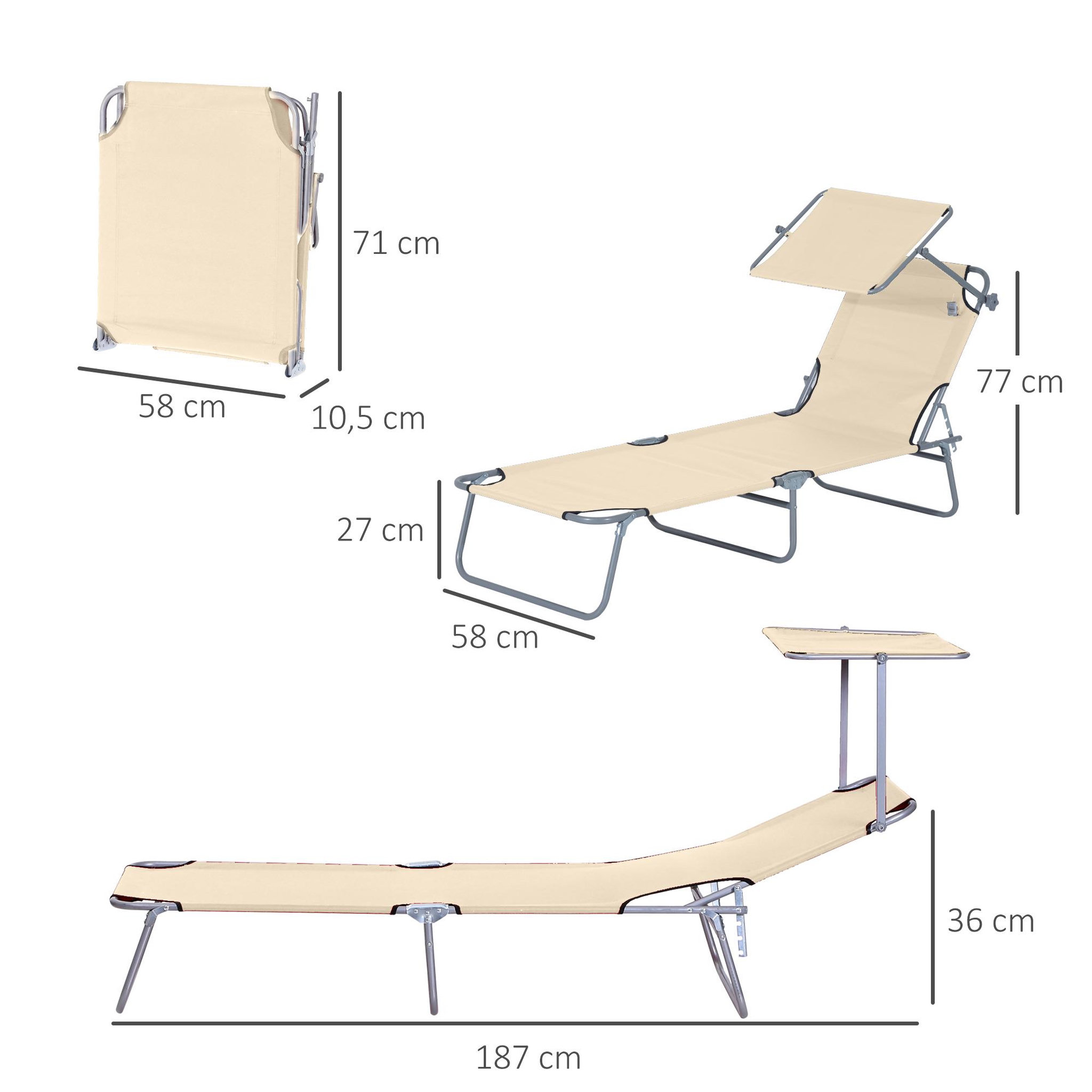 Voir la diapositive 3 : OUTSUNNY Transat bain de soleil pliable grand confort dossier et pare-soleil réglable multi-positions beige