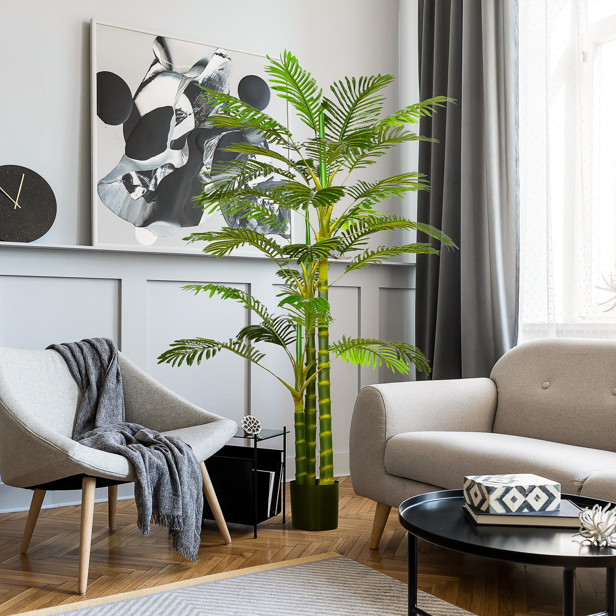 Voir la diapositive 2 : HOMCOM Palmier areca artificiel hauteur 190 cm plante artificielle tropicale avec 30 grandes feuilles grand réalisme en plastique pot inclus vert