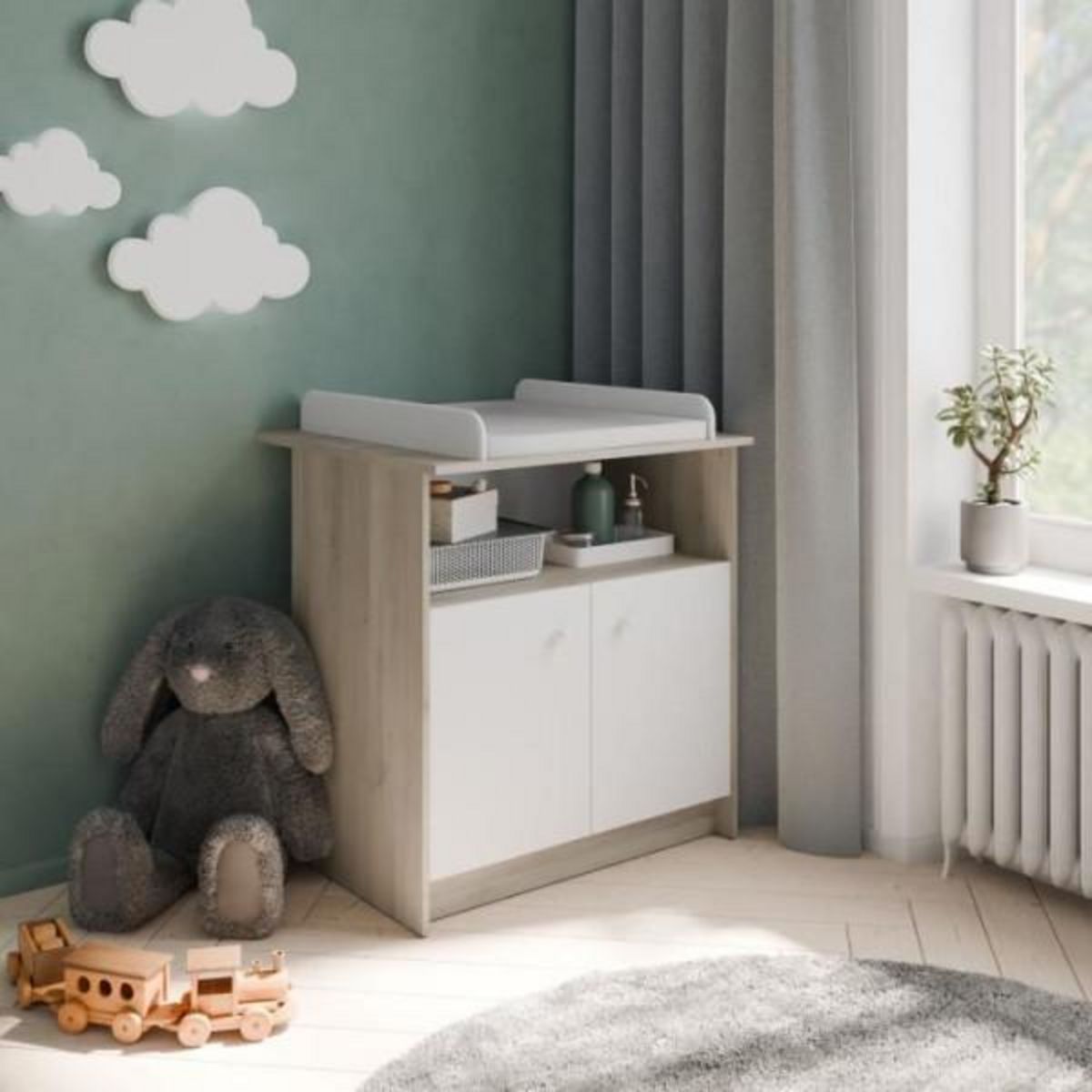 Demeyere Commode a langer 2 portes, 1 niche - HELICIA - Blanc mat & Chene kronberg - 79,6 x 70 x 94,4 cm - DEMEYERE