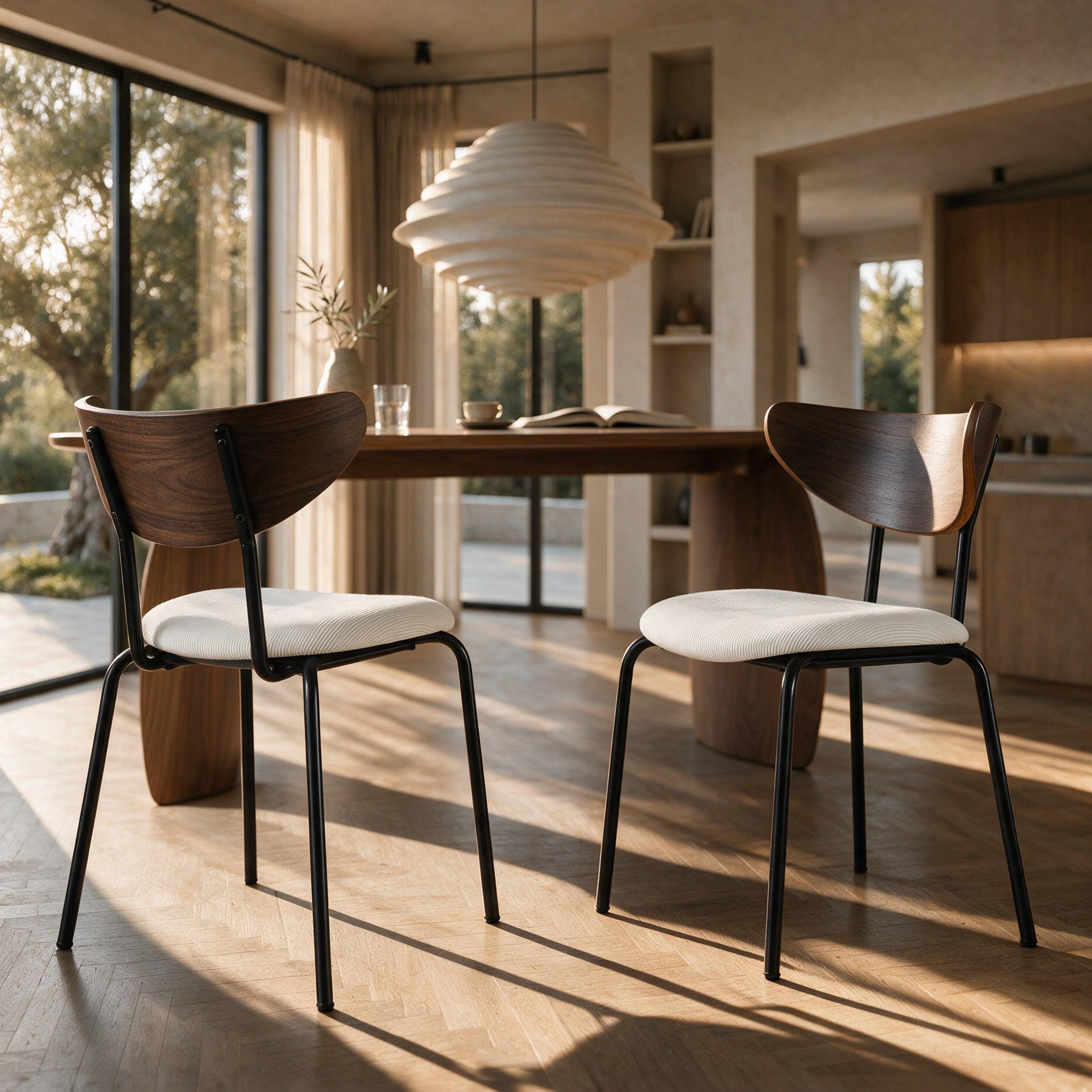 Voir la diapositive 2 : MAISON PAVANE Lot de 2 chaises en velours côtelé blanc crème et dossier en bois-jade