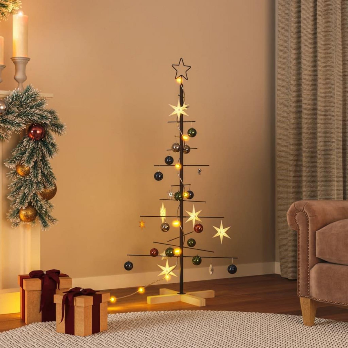 VIDAXL Arbre de Noël en metal avec base en bois noir 120 cm