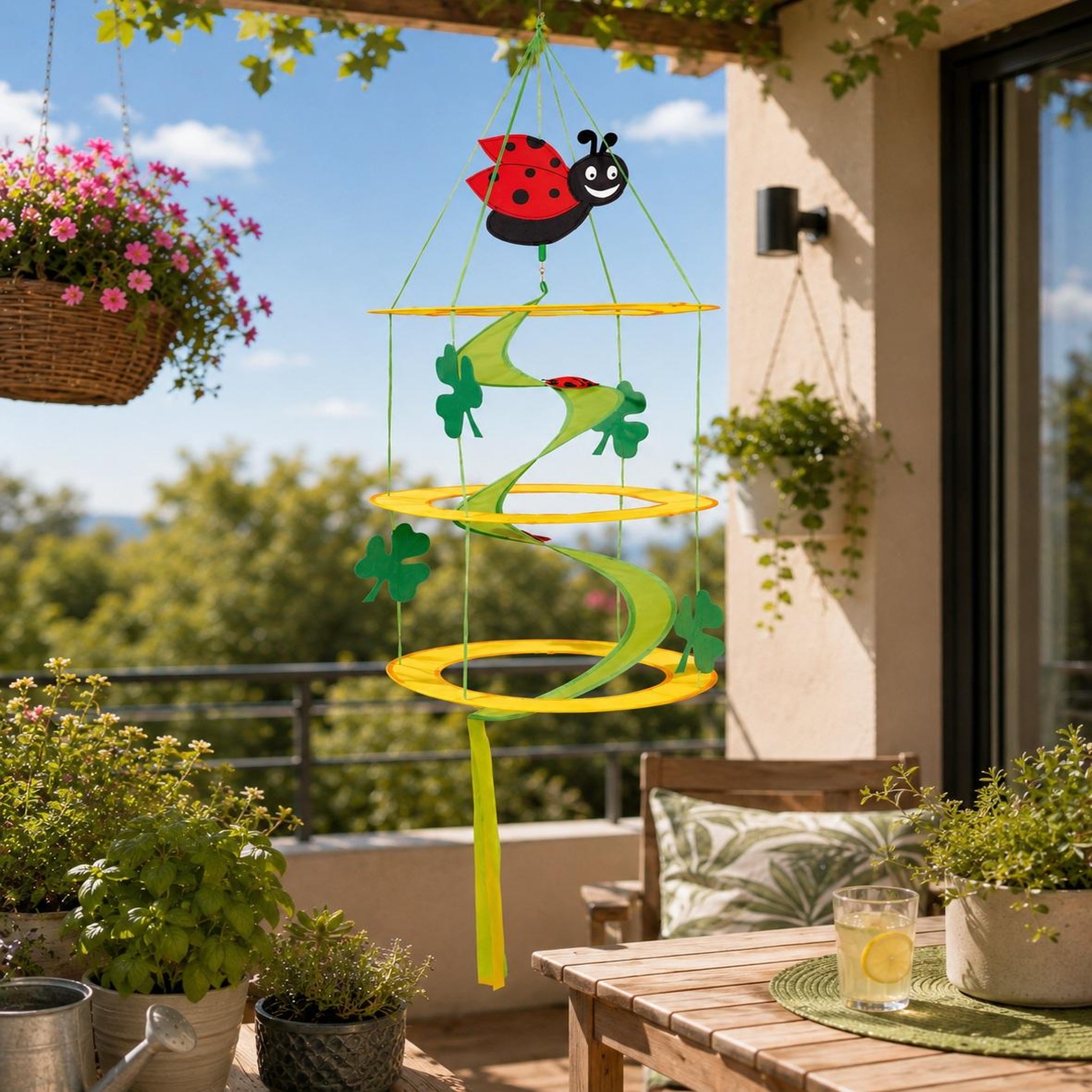 Voir la diapositive 2 : Eden Spirale a vent coccinelle et fleurs décoration suspendue colorée