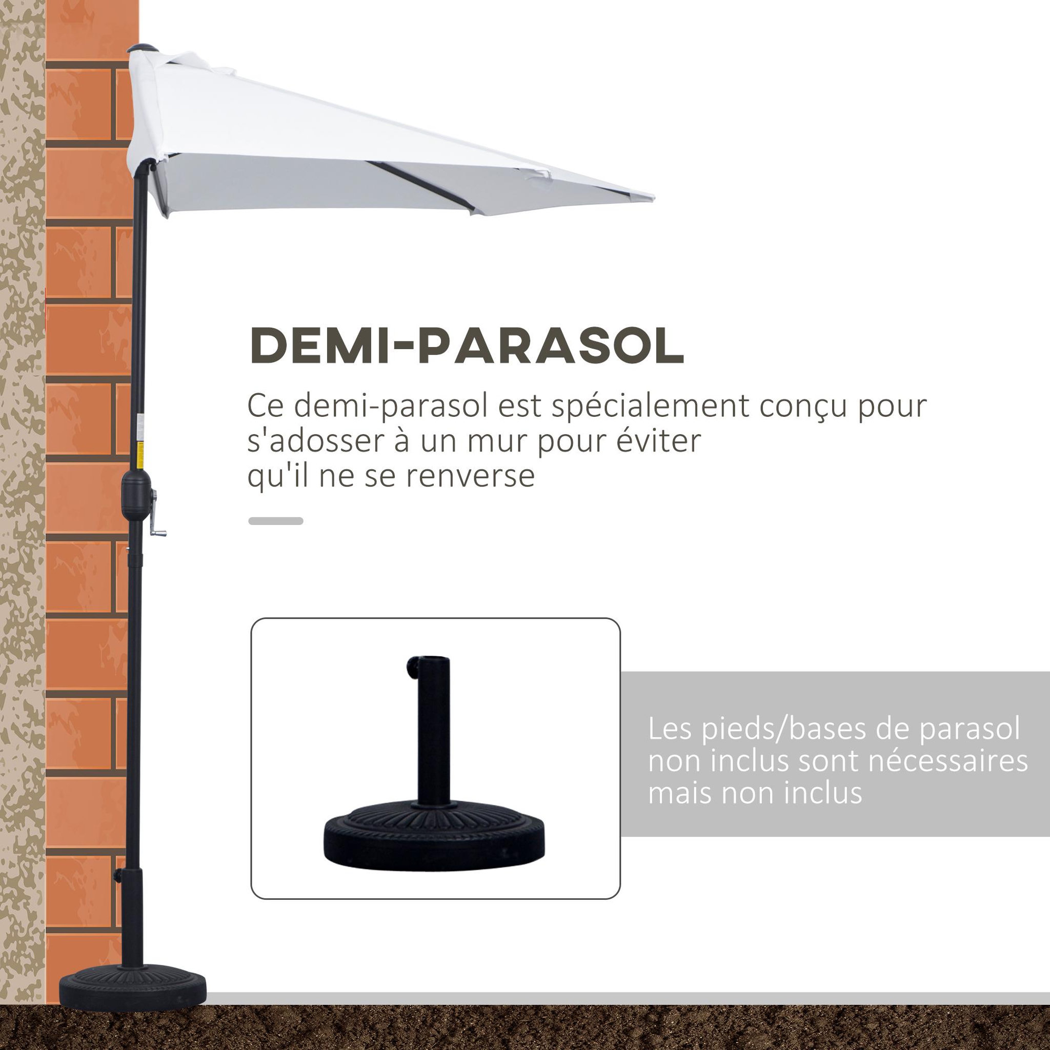 Voir la diapositive 4 : OUTSUNNY Demi parasol - parasol de balcon - ouverture fermeture manivelle - acier polyester haute densité blanc