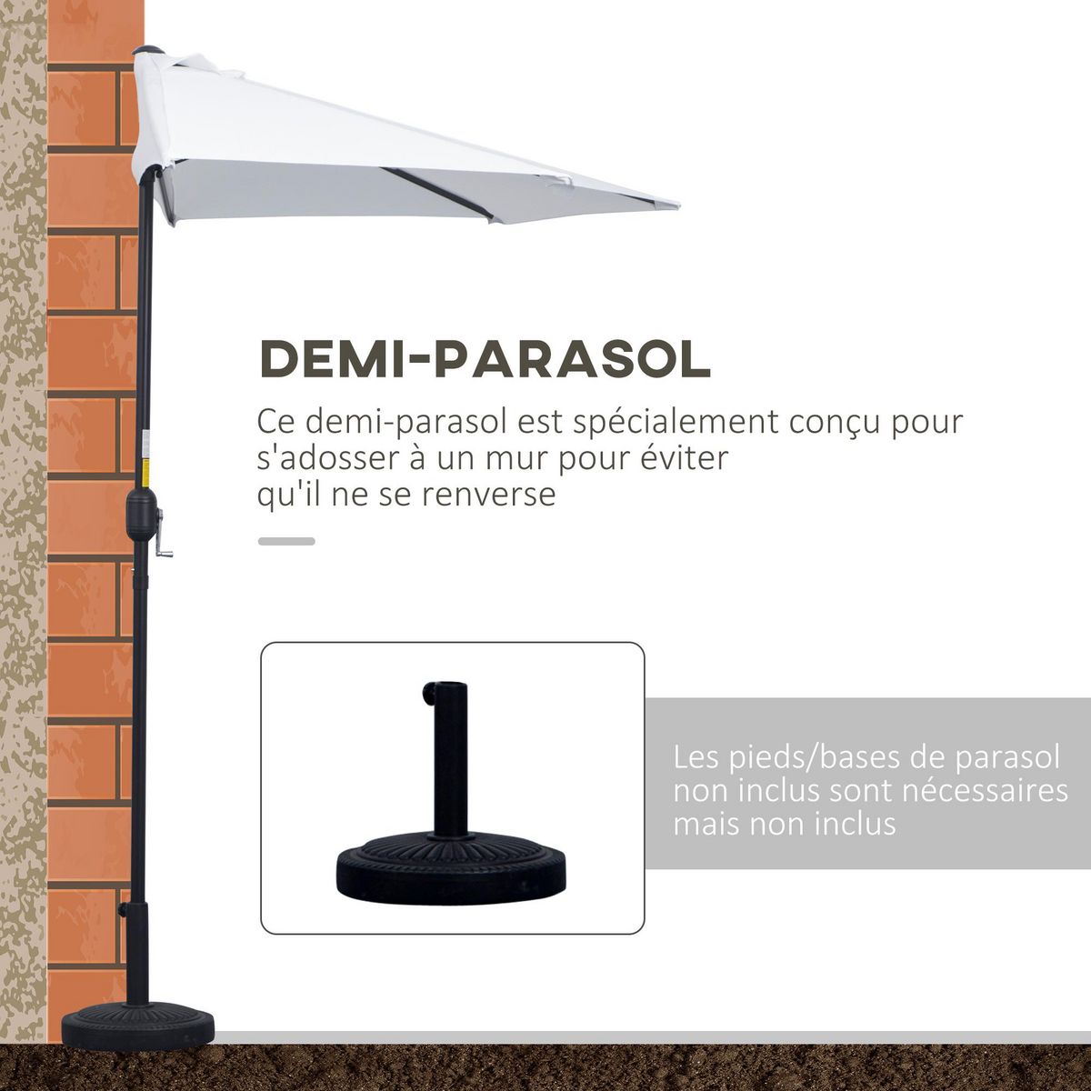 OUTSUNNY Demi parasol - parasol de balcon - ouverture fermeture manivelle - acier polyester haute densité blanc