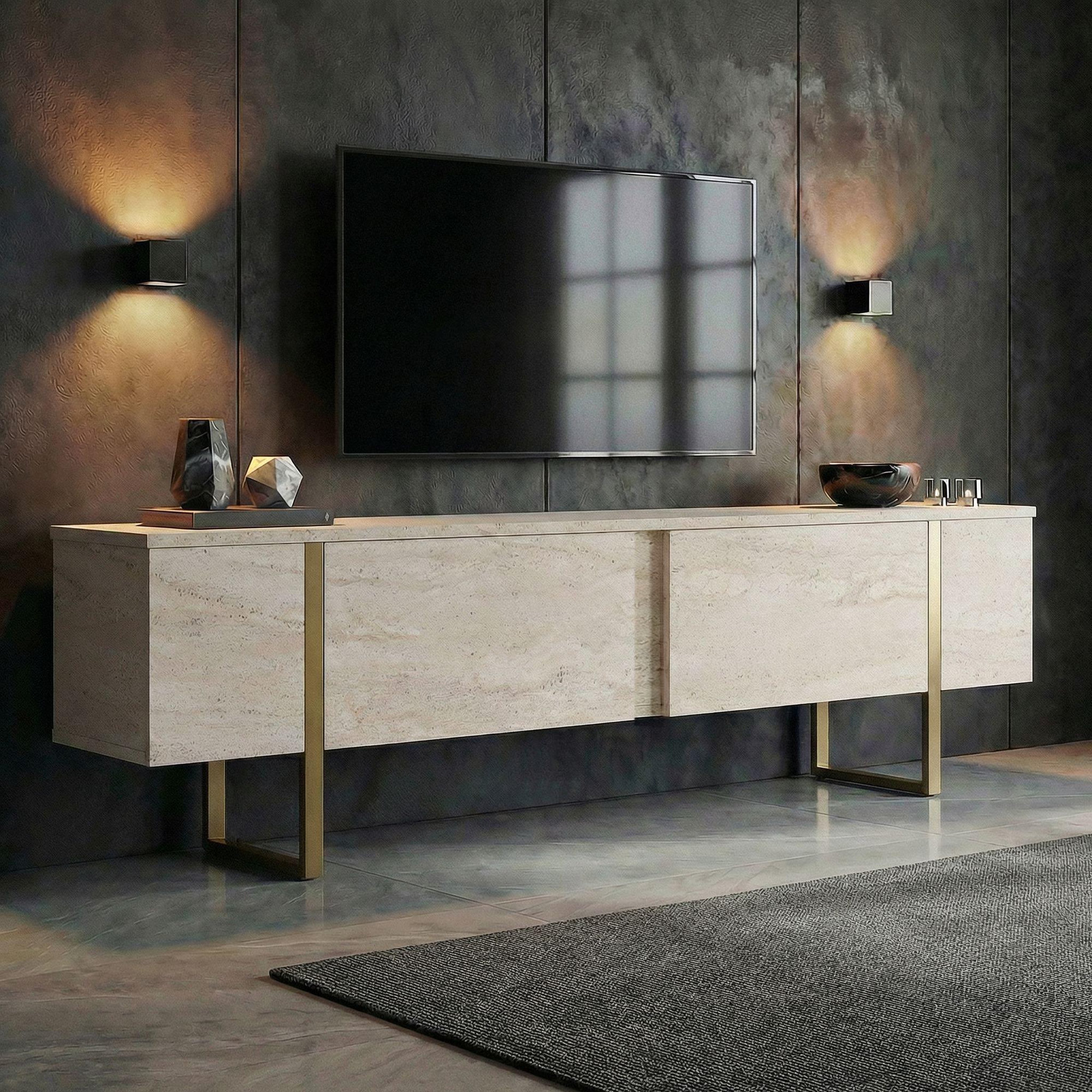 Voir la diapositive 2 : Habitat et Jardin Meuble tv en bois  onera  - 180 x 30 x 50 cm - travertin / or