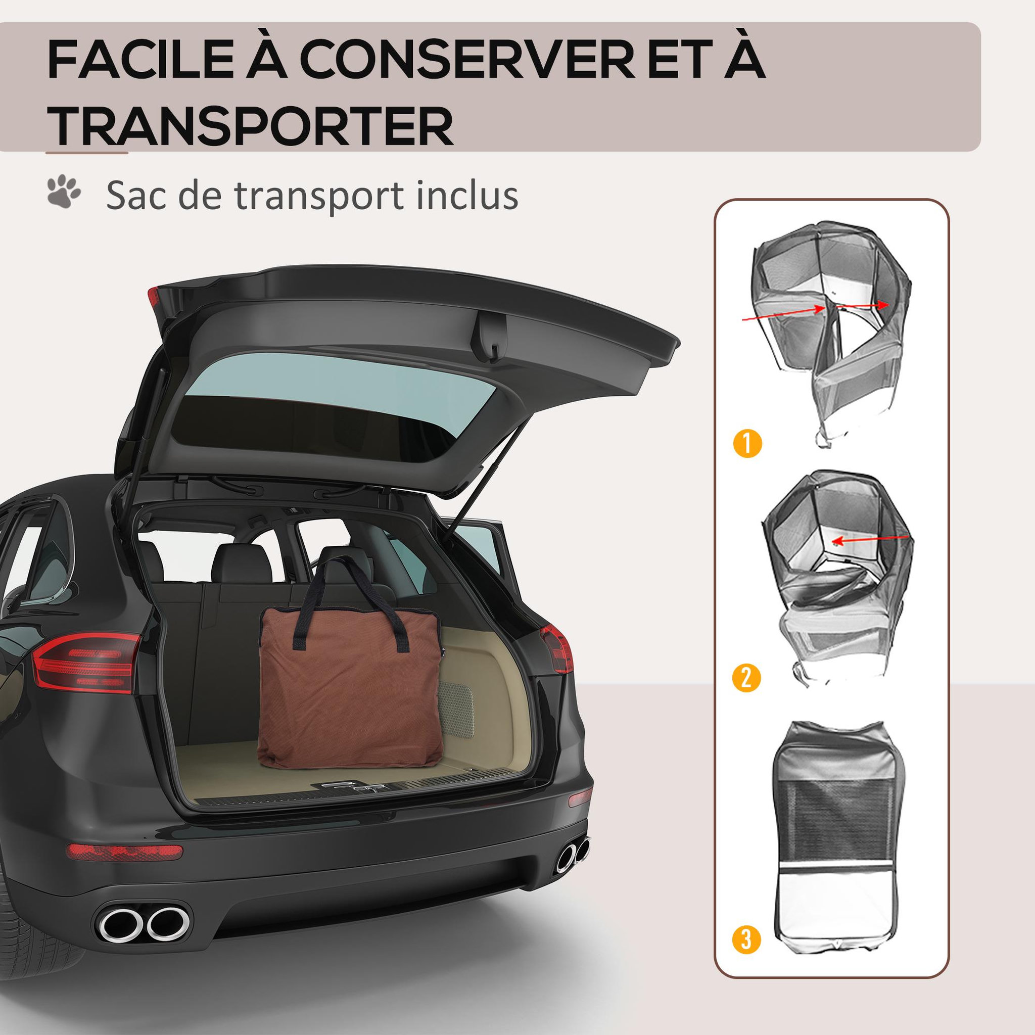Voir la diapositive 6 : PAWHUT Parc enclos pliable chien chat ø 117 x 76h cm - 2 portes, 2 poches, sac transport - acier oxford marron beige