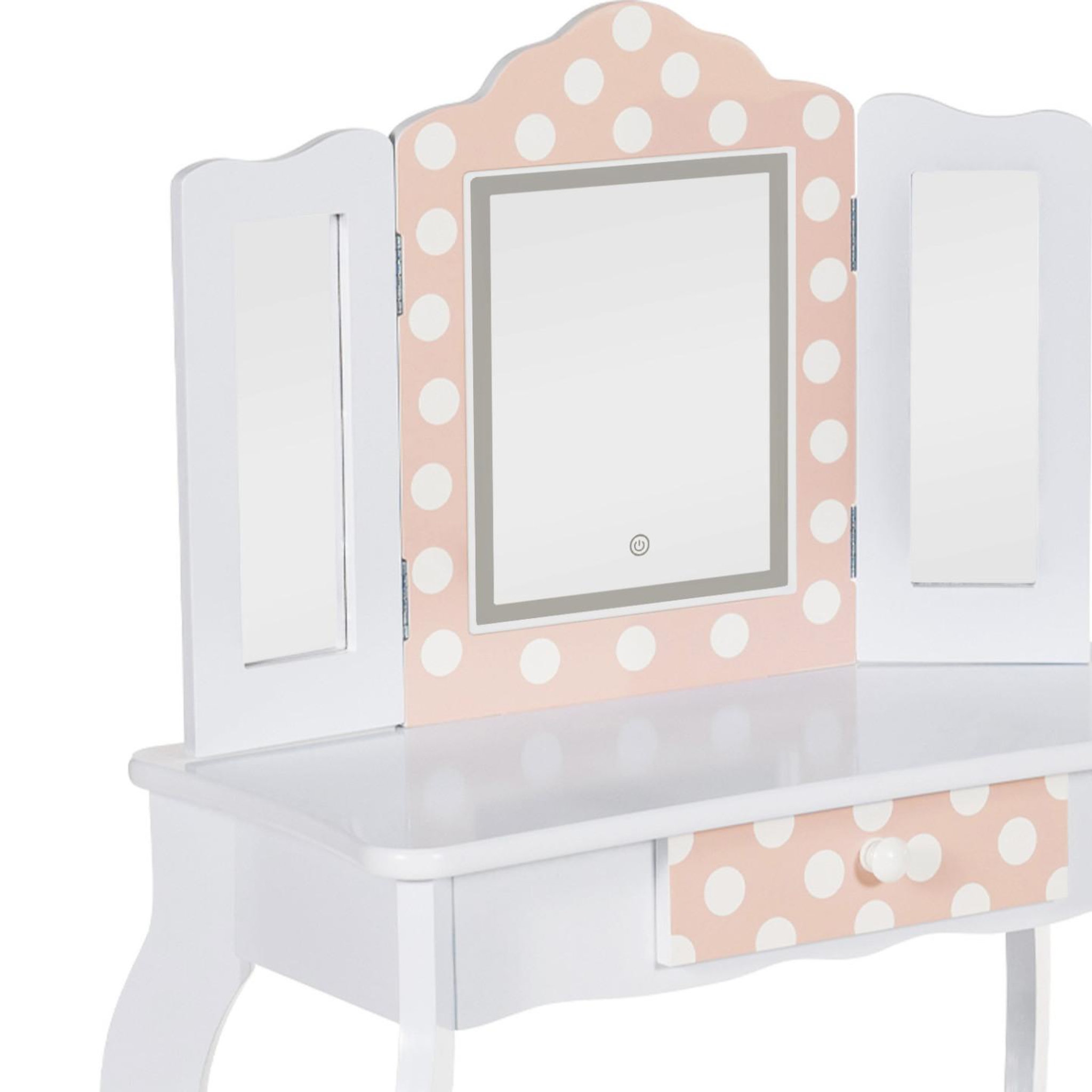 Voir la diapositive 5 : ID MARKET Coiffeuse enfant roza led blanche et rose avec 3 miroirs et tabouret