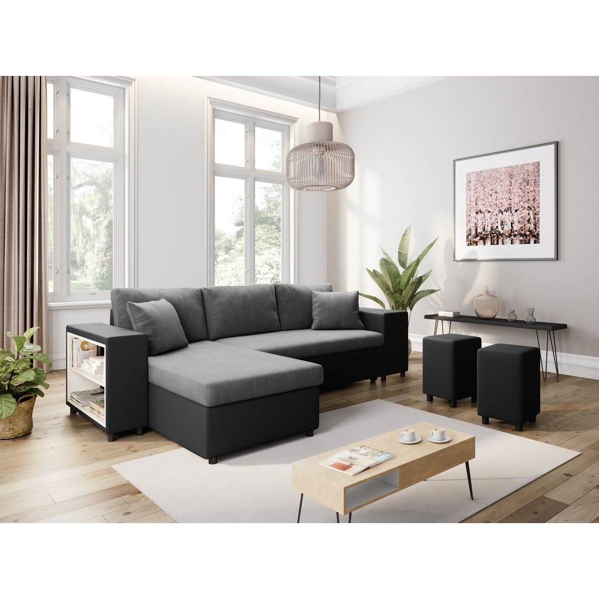 Canapé d'angle convertible avec coffre 3 places + 2 poufs à droite et étagère à gauche MACHA