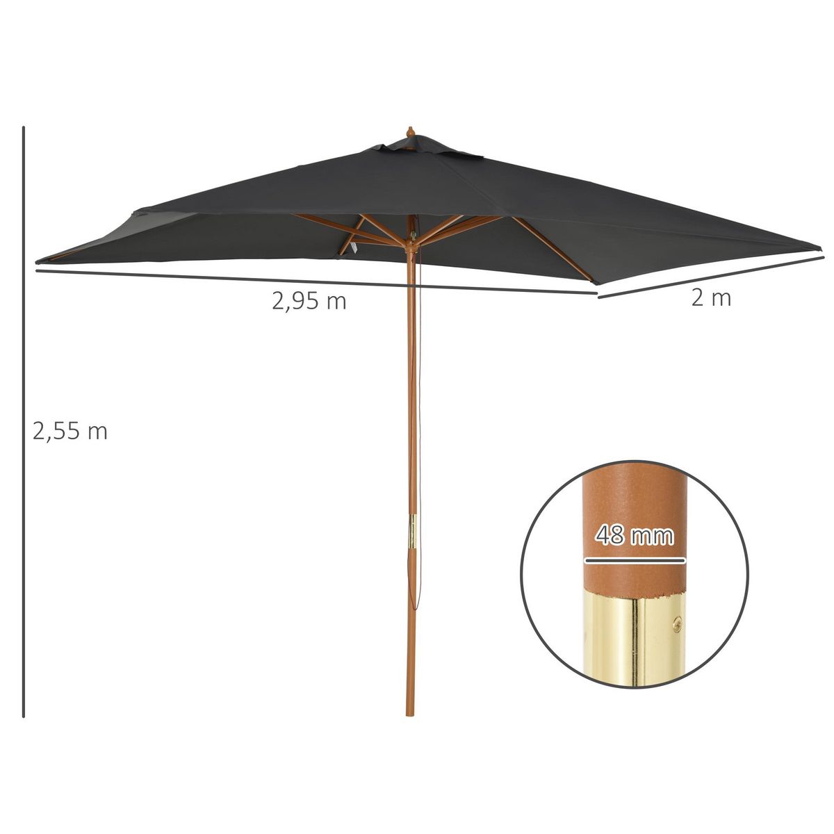 OUTSUNNY Parasol droit rectangulaire de jardin grande taille dim. 3L x 2l x 2,5H m anthracite