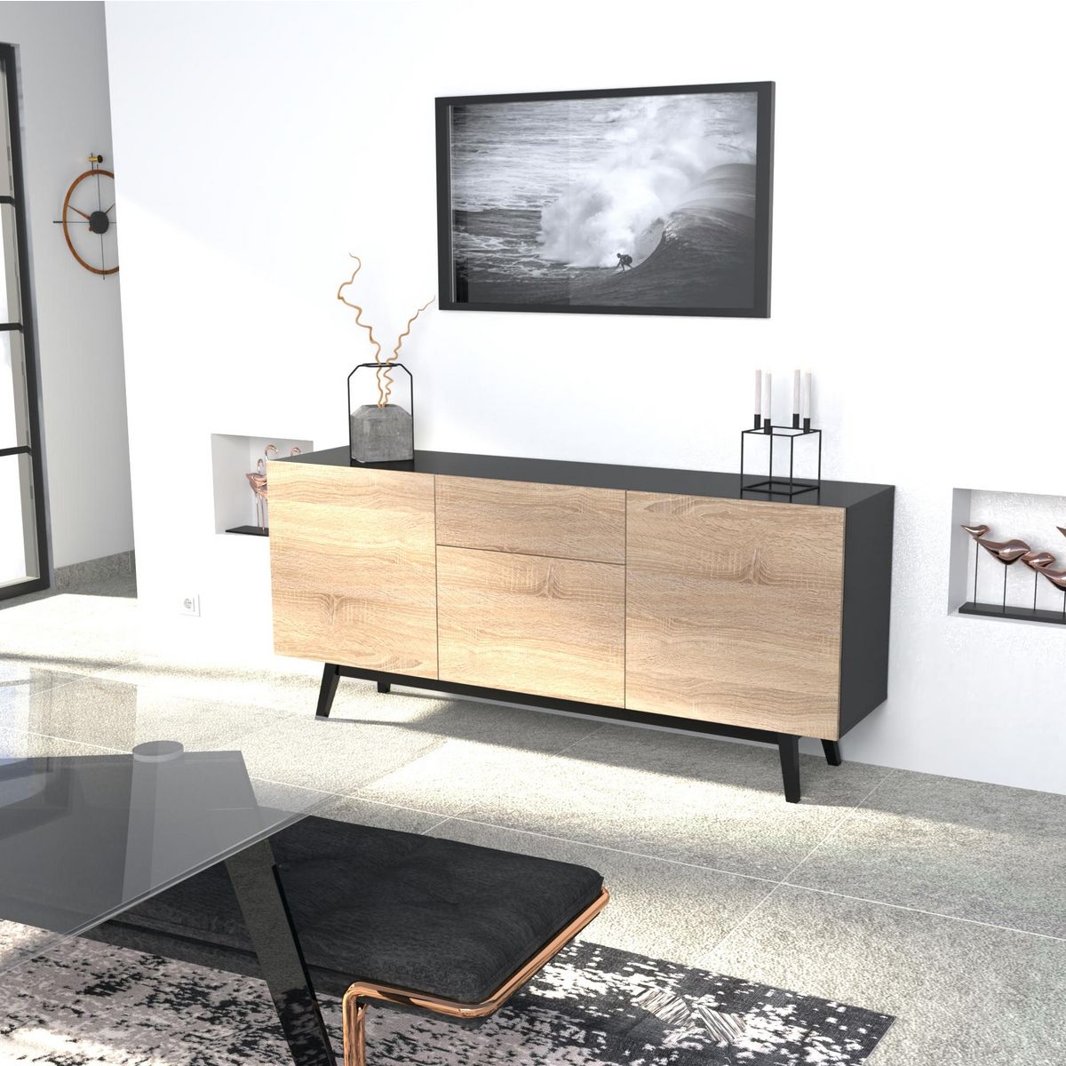 Bahut scandinave 3 portes 1 tiroir L180xP42xH80cm SNOW