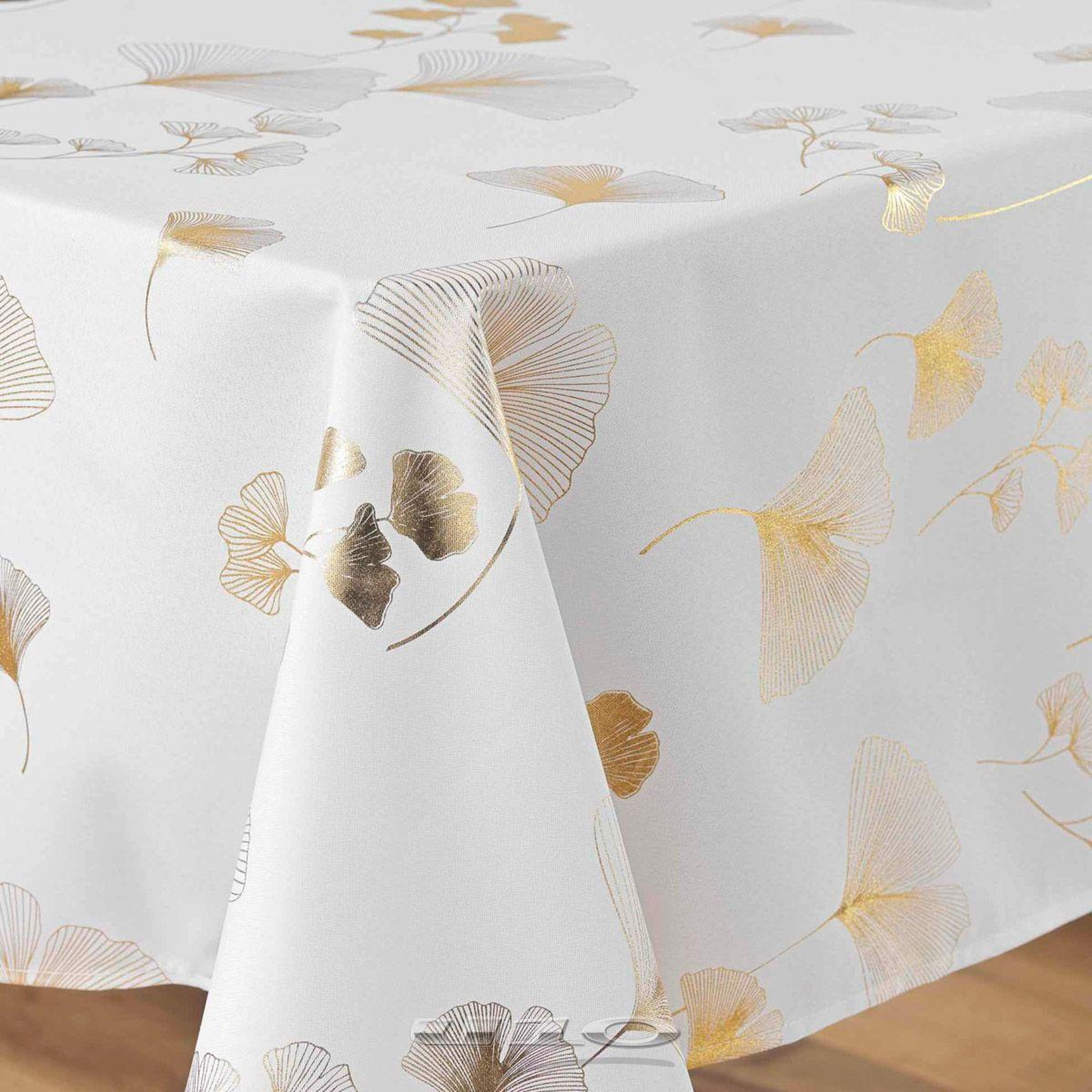 Voir la diapositive 2 : Douceur d'Intérieur Nappe imprimé métallisé  bloomy  150x300cm blanc & or