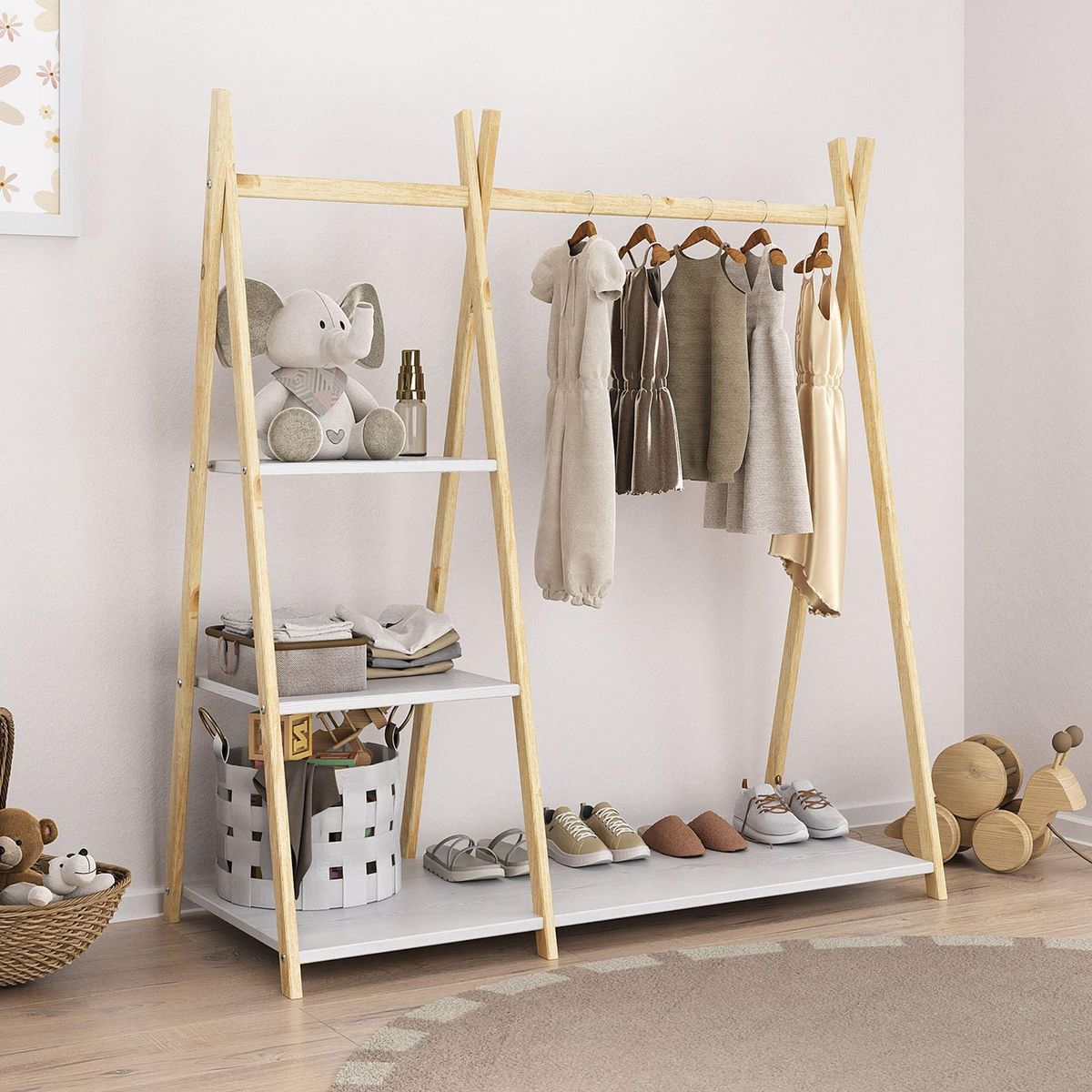 IDIMEX Penderie pour enfants LOTTE avec 3 étagères, en bois massif