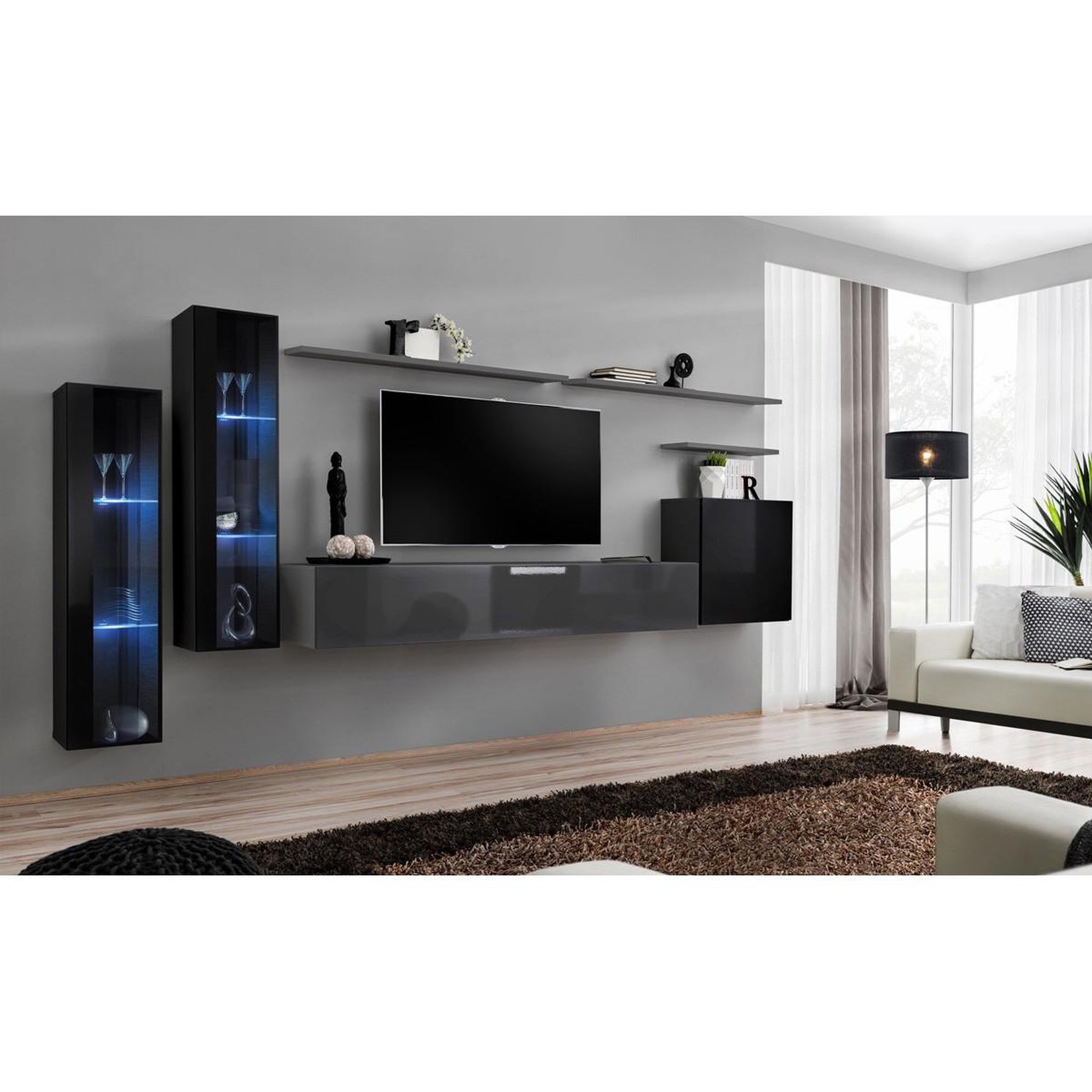 Voir la diapositive 2 : Paris Prix Meuble TV Mural Design  Switch XI  330cm Noir & Gris