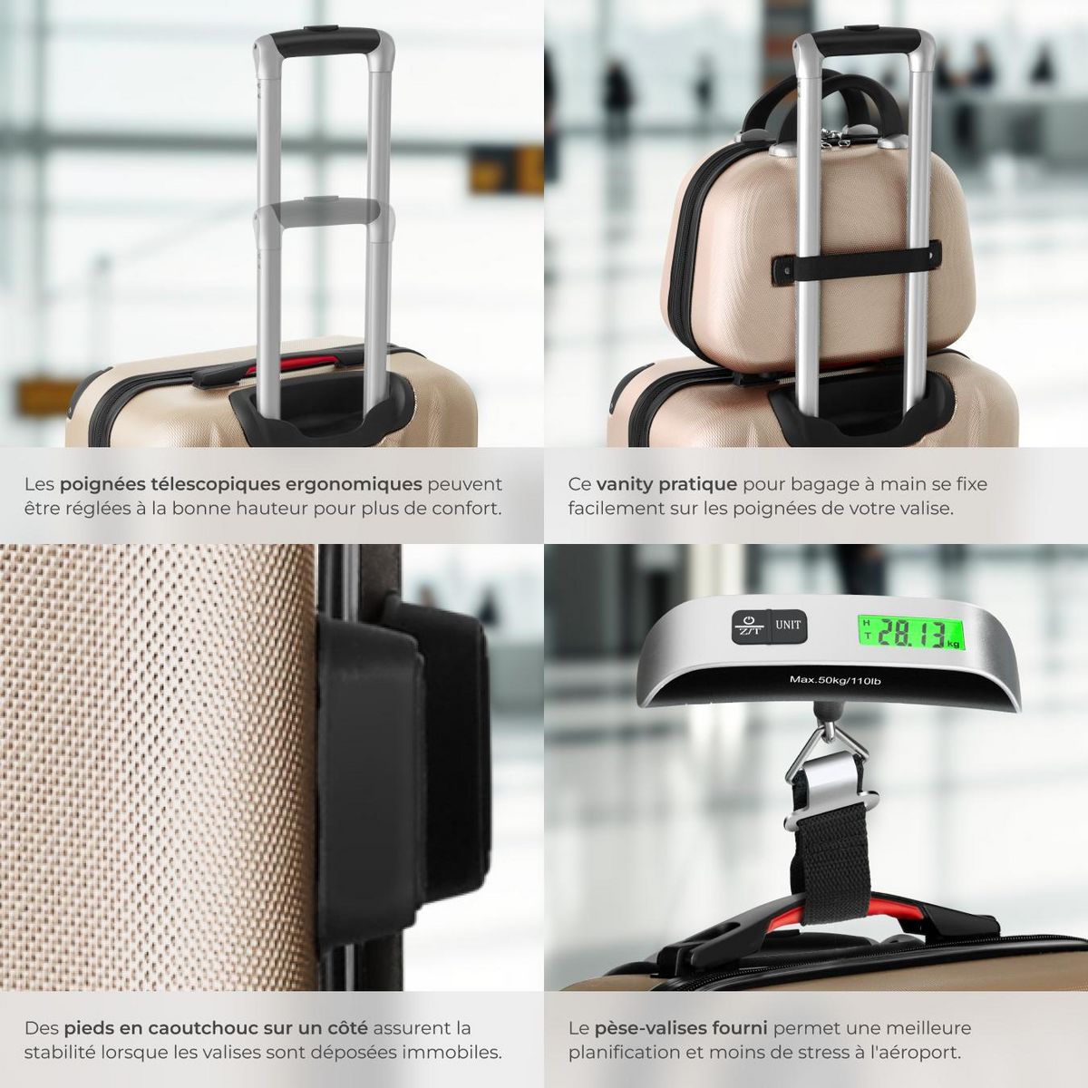 tectake Set de valises rigides 4 pièces, 3 Trolleys, 1 Vanity case, Balance et étiquette bagages inclus champagne