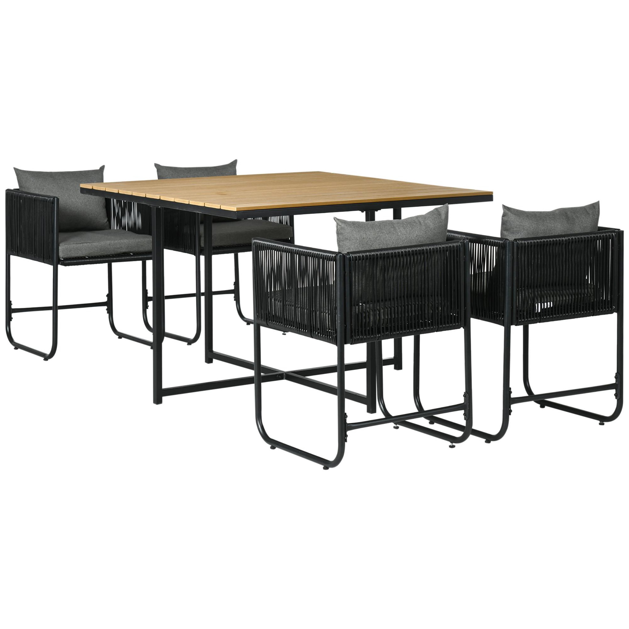 OUTSUNNY Salon de jardin 4 personnes encastrable avec coussins zippés déperlants métal résine noir effet bois