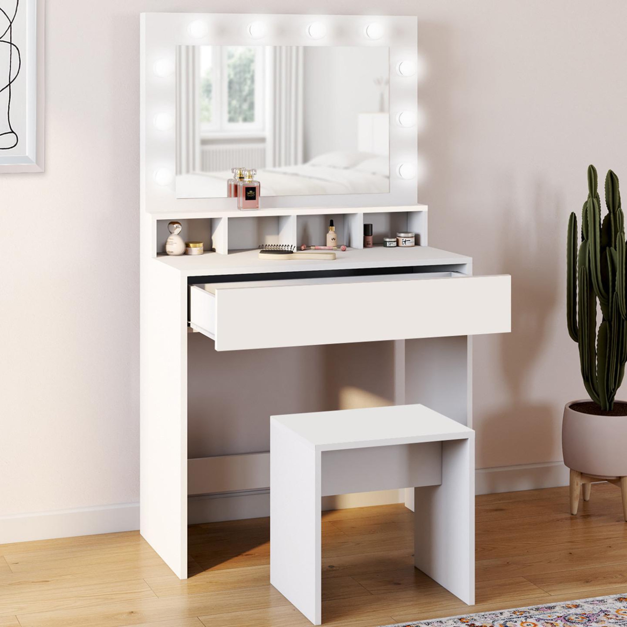 Voir la diapositive 2 : ID MARKET Coiffeuse zelia miroir led avec 4 niches, 1 tiroir et tabouret