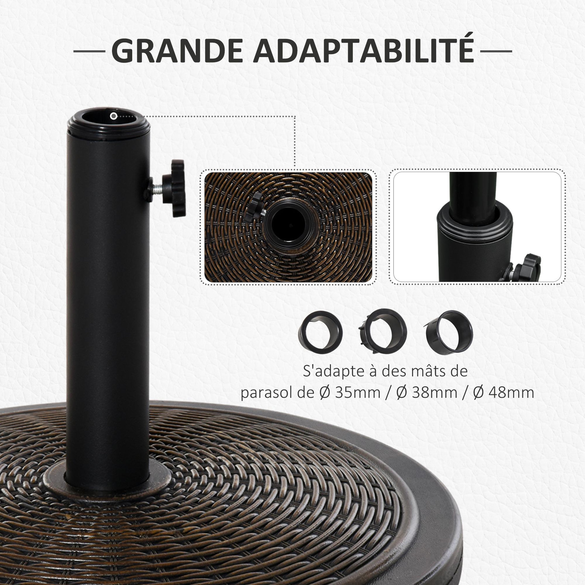 Voir la diapositive 5 : OUTSUNNY Pied de parasol rond base de lestage Ø 48 x 34 cm résine imitation rotin poids net 14 Kg noir bronze