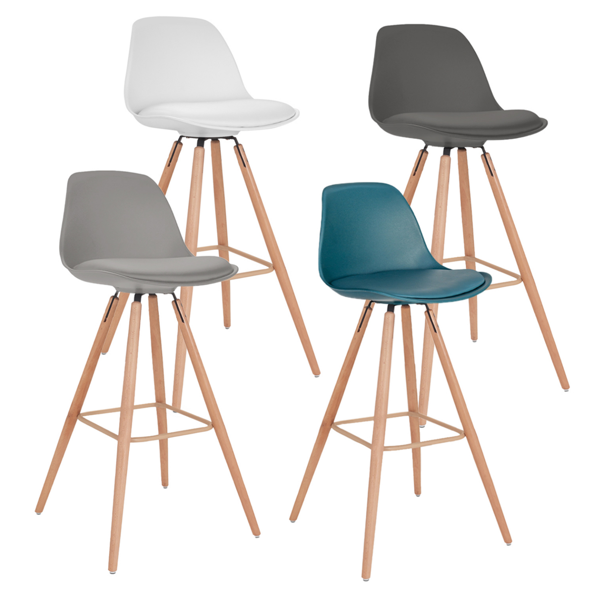 ID MARKET Lot de 4 tabourets de bar SARA mix color gris foncé, gris clair, blanc et bleu canard