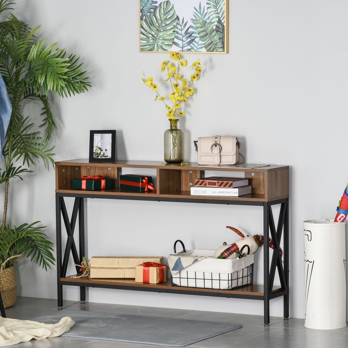 HOMCOM Table Console Table d'Entrée Industriel Multi-rangements 120 x 23,5 x 75 cm Bois Noyer