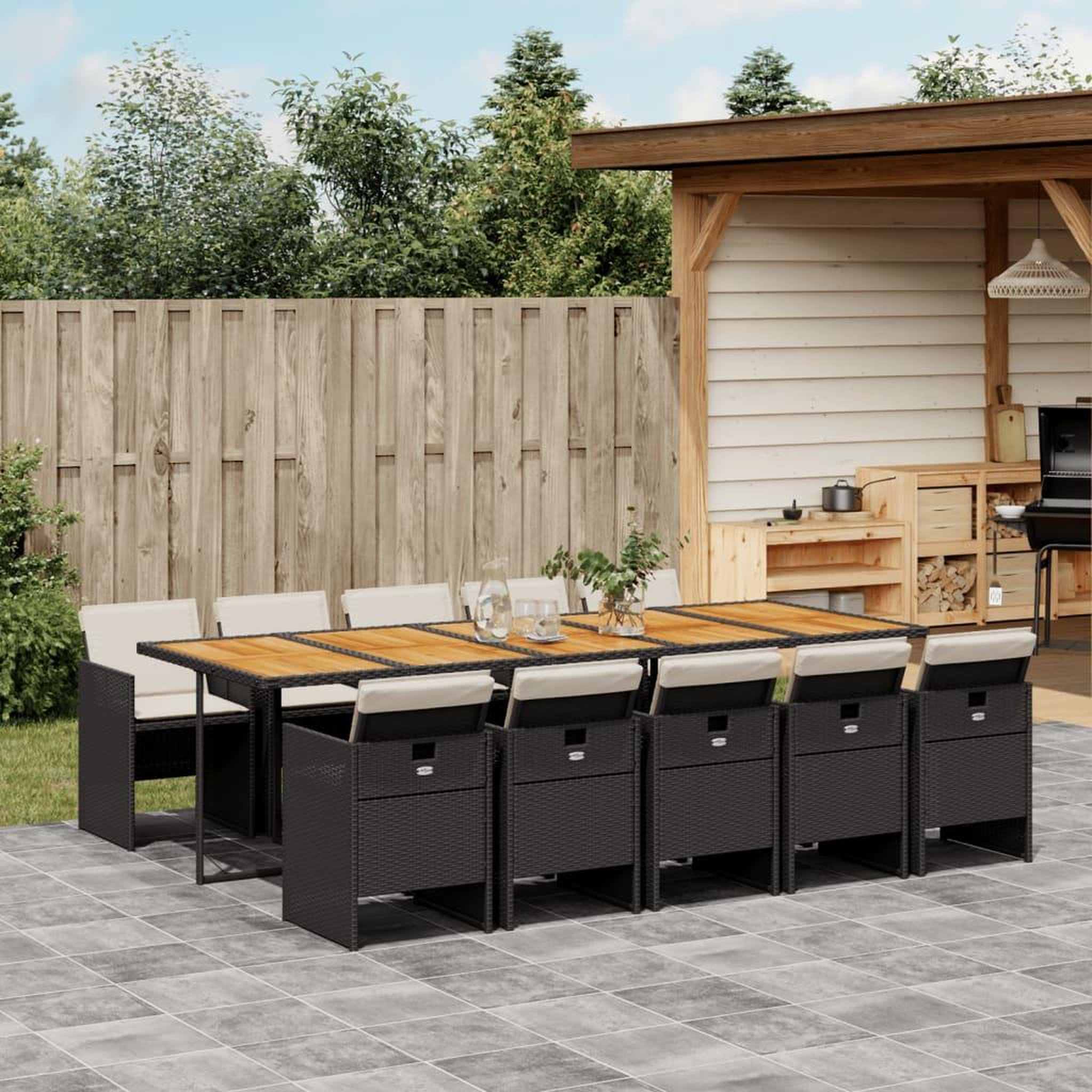 VIDAXL Ensemble a manger de jardin 11 pcs coussins noir resine tressee