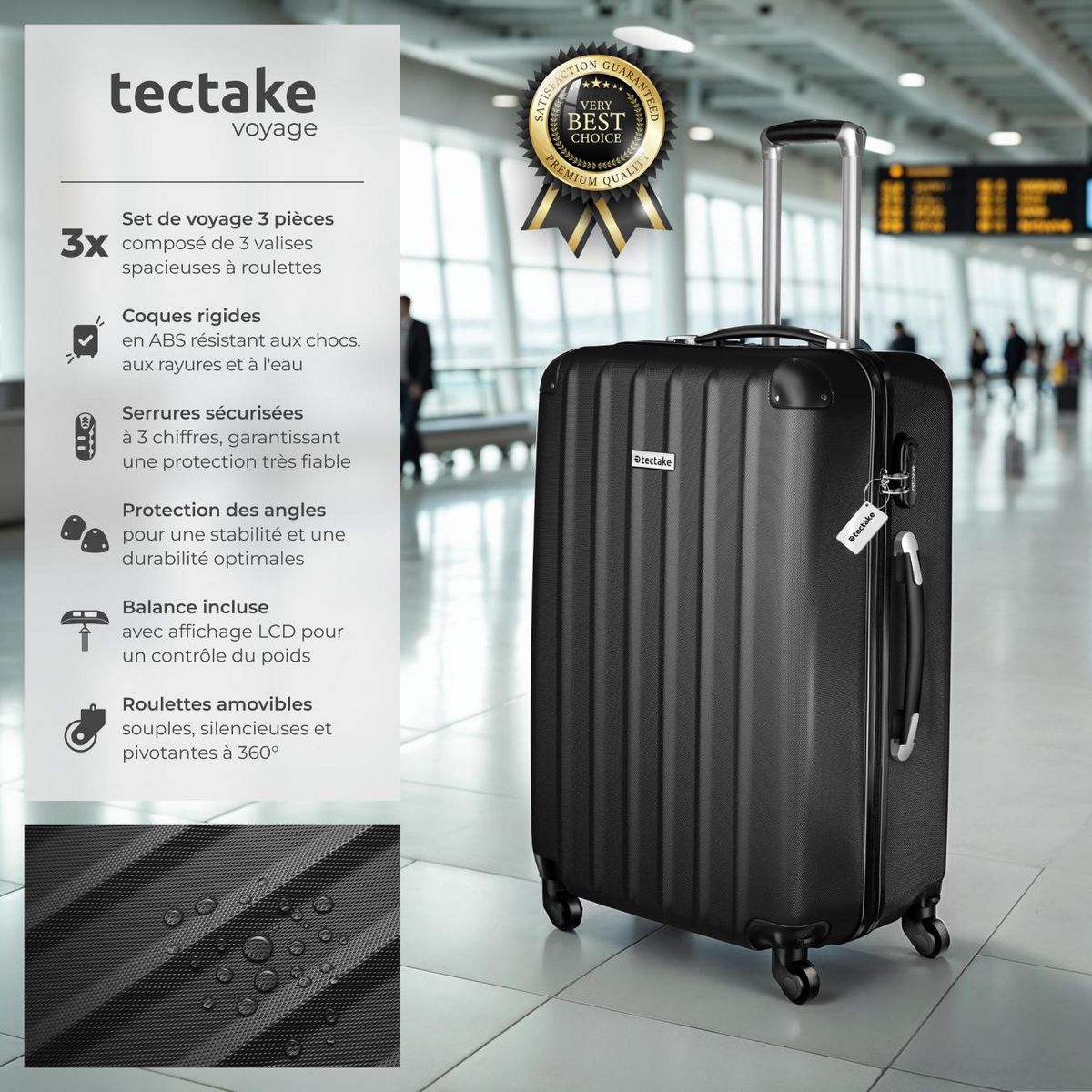 tectake Ensemble de 3 valises 3 pièces en ABS robuste, balance à bagages et étiquette noir